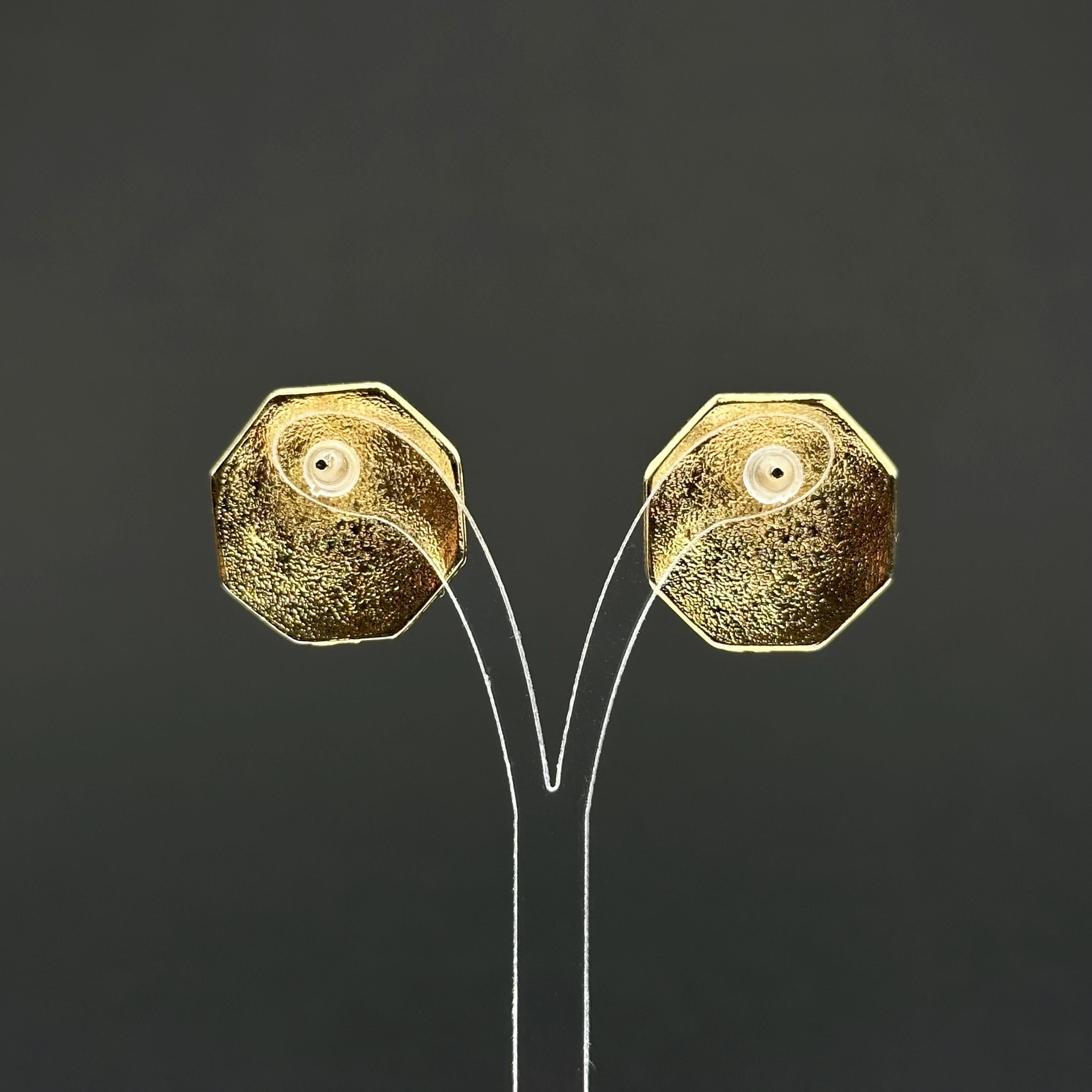 Vintage octagon gold tone & gray emanel earrings