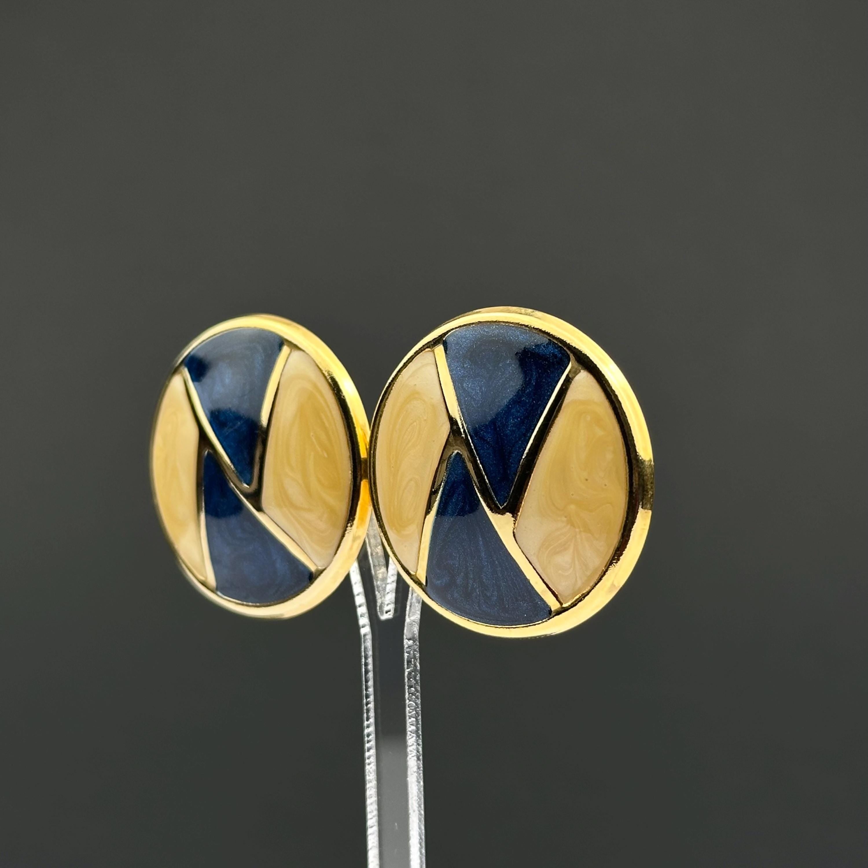 Vintage navy and cream enamel swirl round earrings