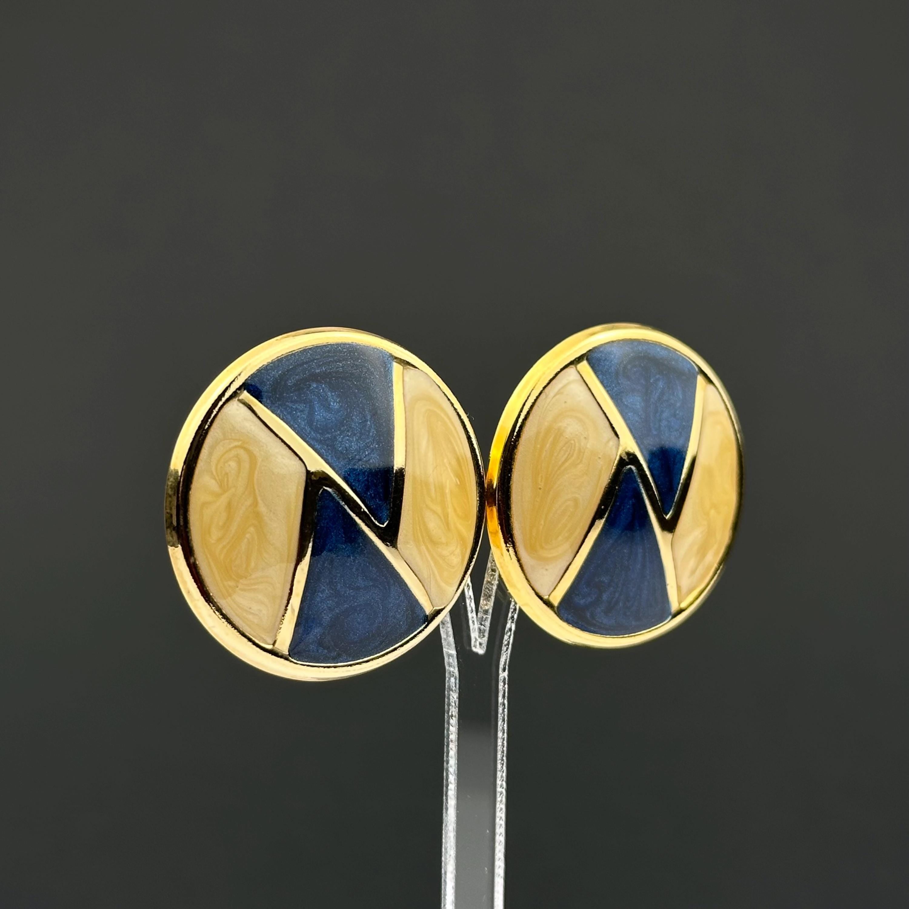 Vintage navy and cream enamel swirl round earrings