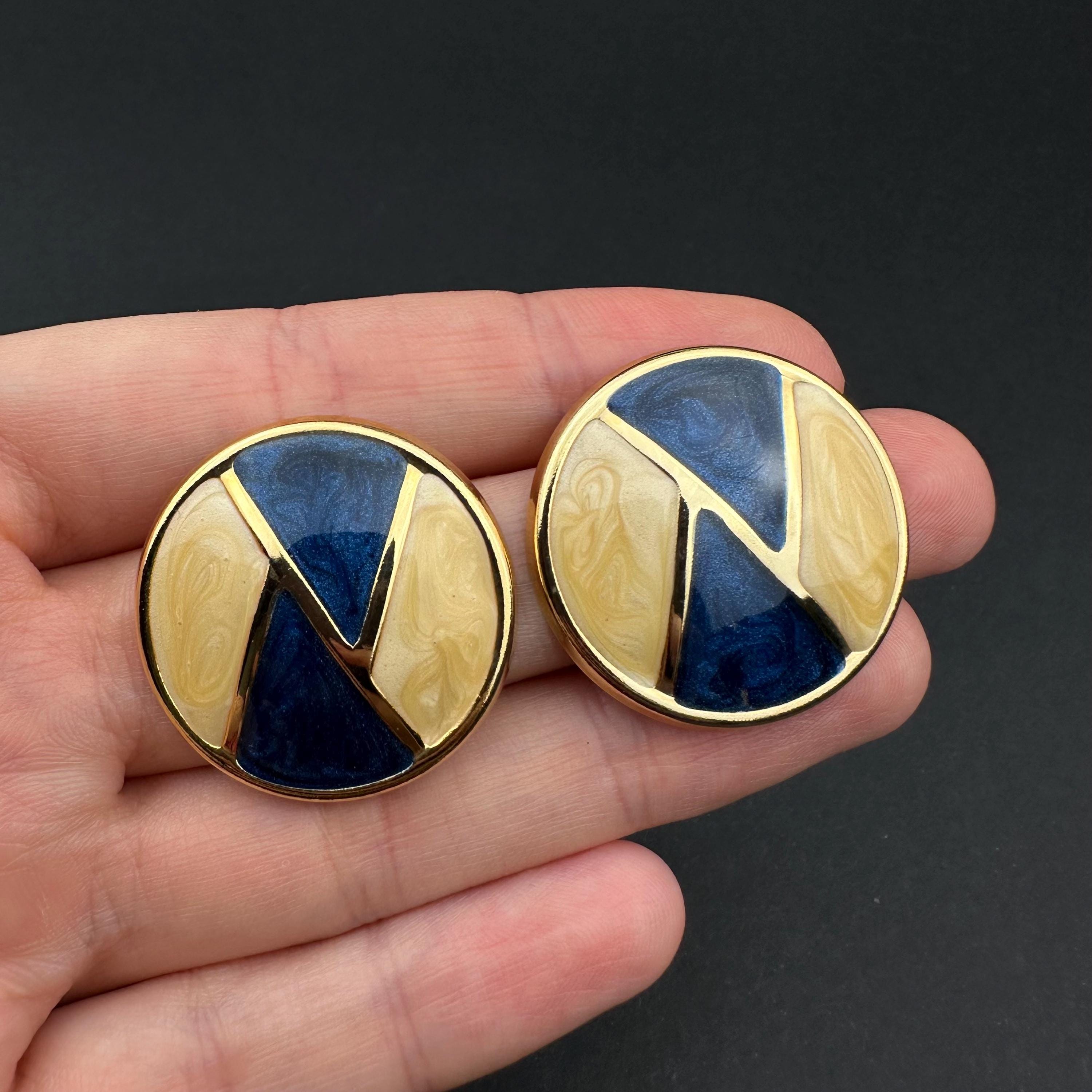 Vintage navy and cream enamel swirl round earrings