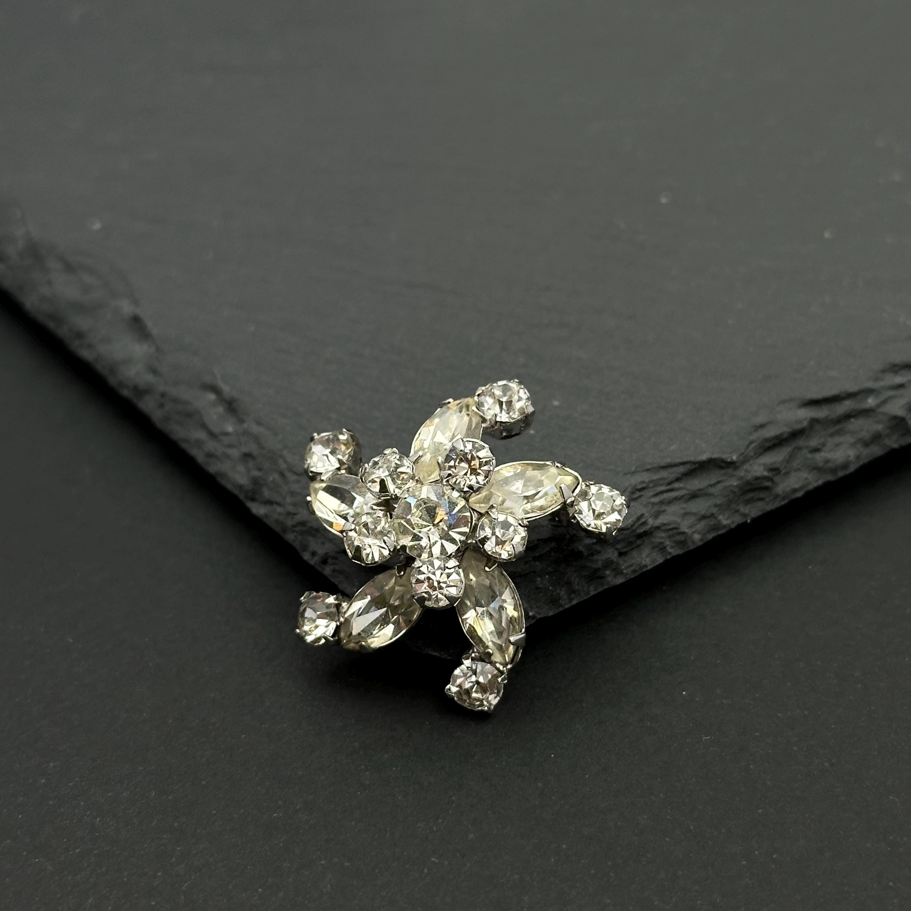 Vintage STERLING and clear rhinestones flower mini brooch