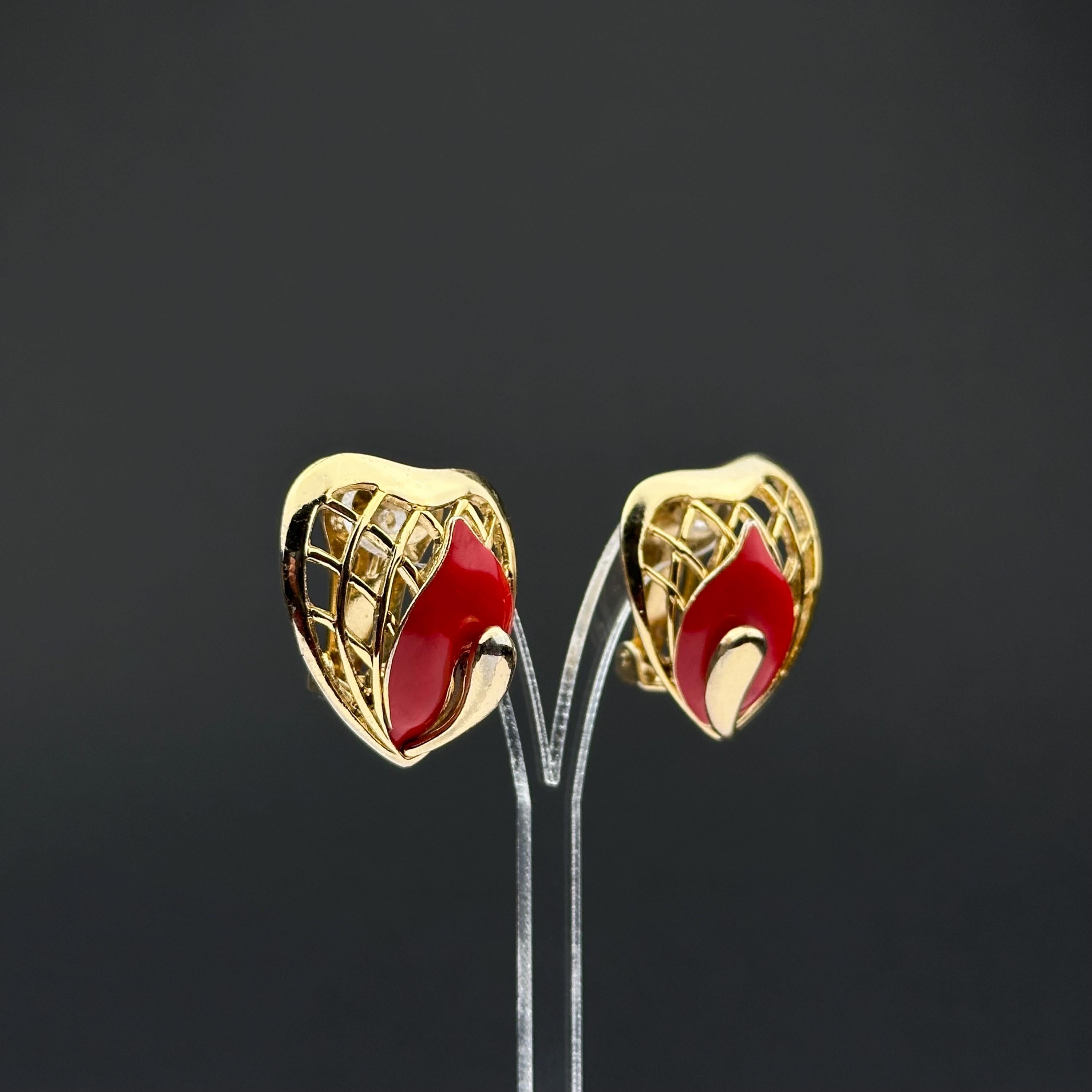 Vintage Balenciaga Paris gold tone and red enamel clip on earrings