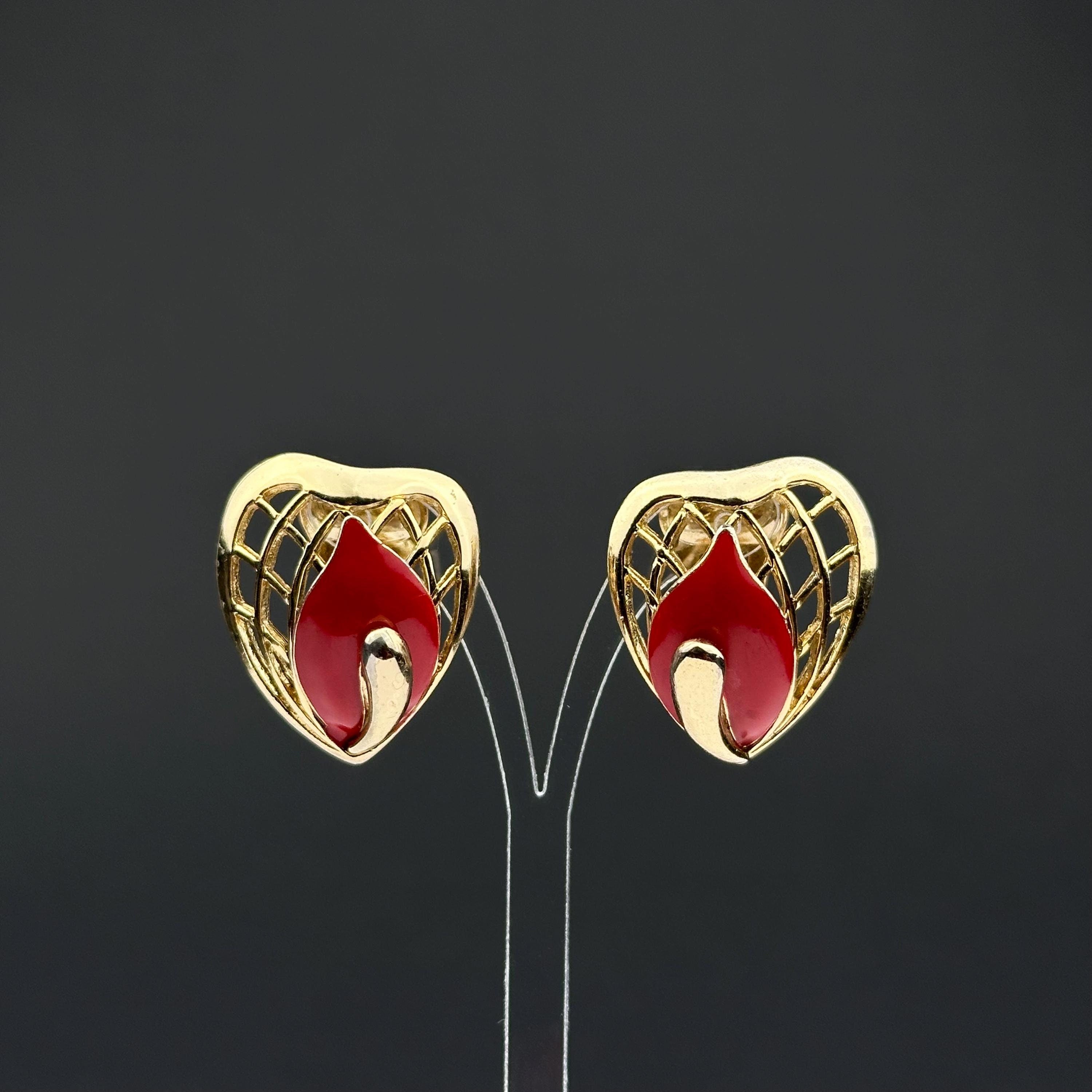 Vintage Balenciaga Paris gold tone and red enamel clip on earrings
