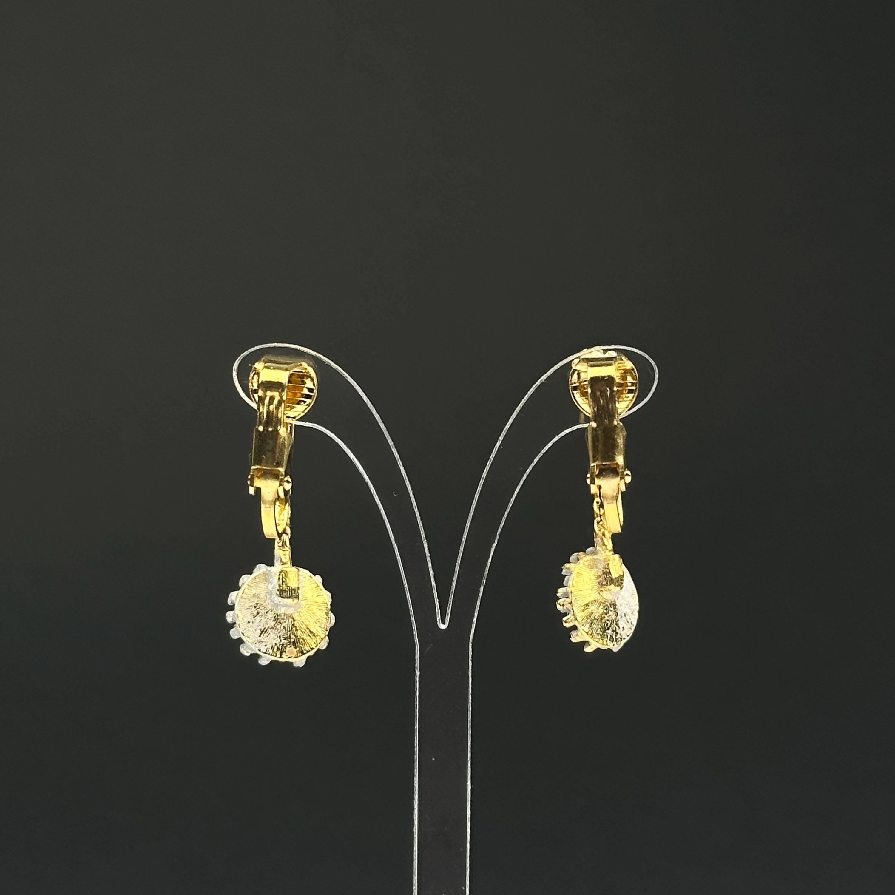 Vintage gold tone and gray enamel dangle drop clip on earrings