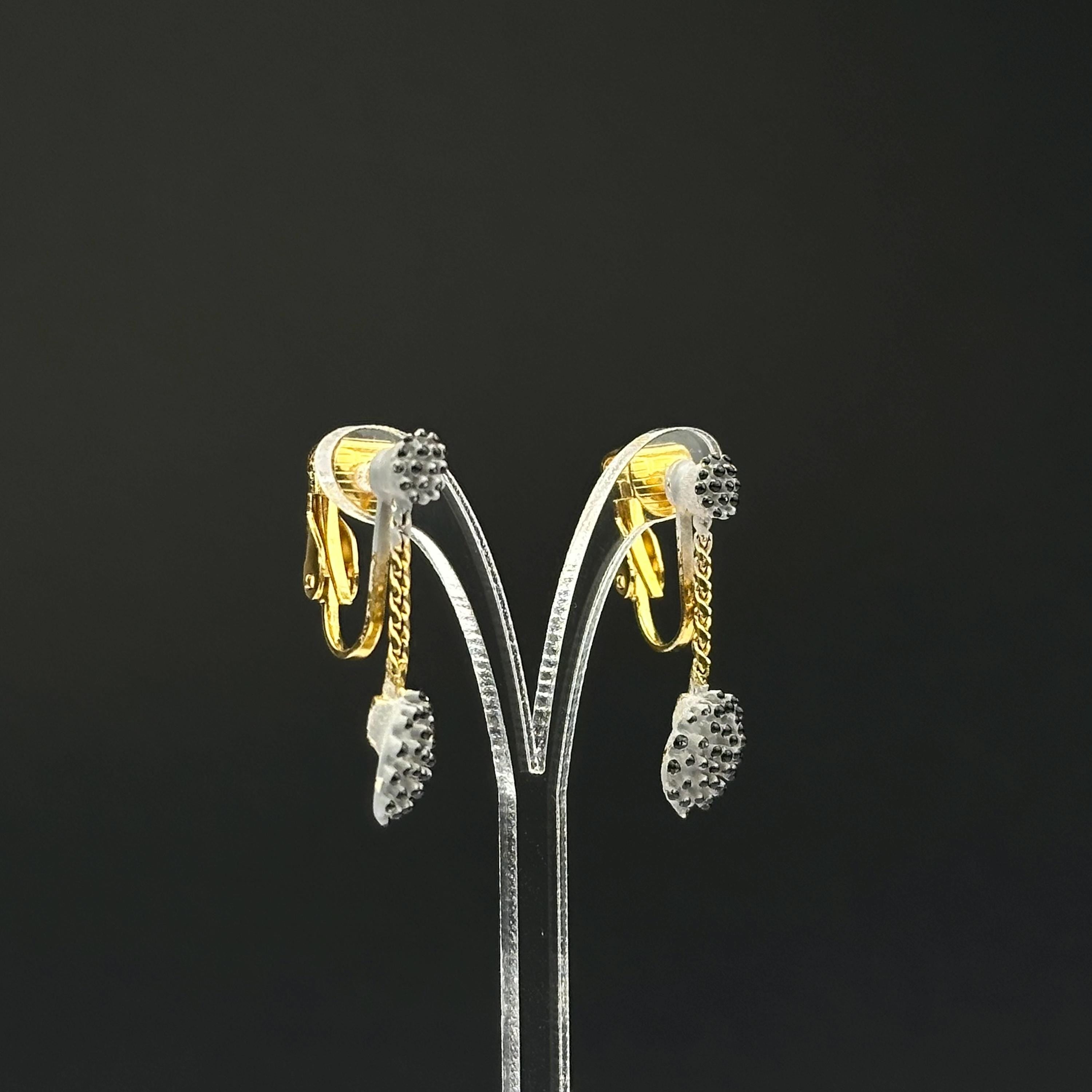 Vintage gold tone and gray enamel dangle drop clip on earrings