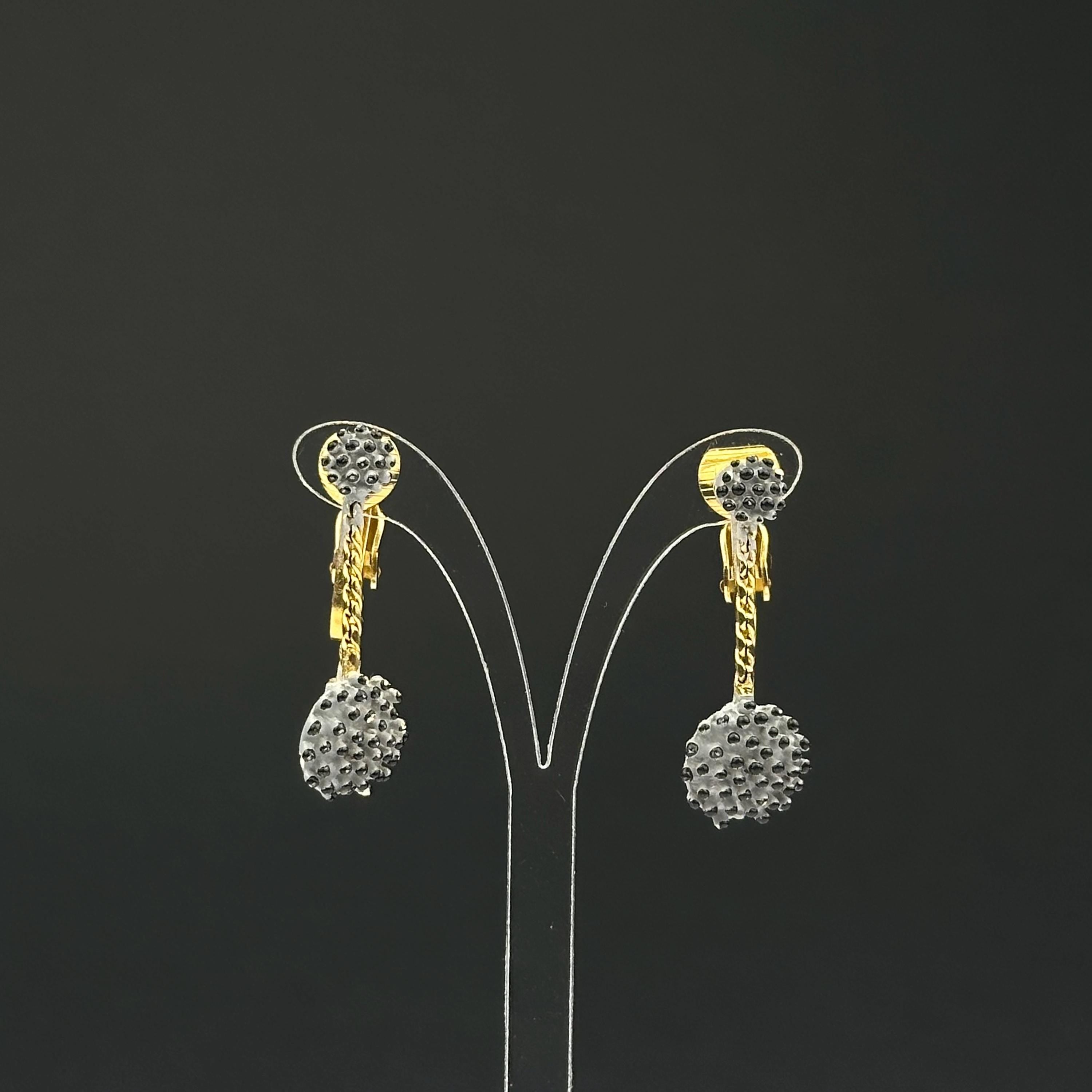 Vintage gold tone and gray enamel dangle drop clip on earrings