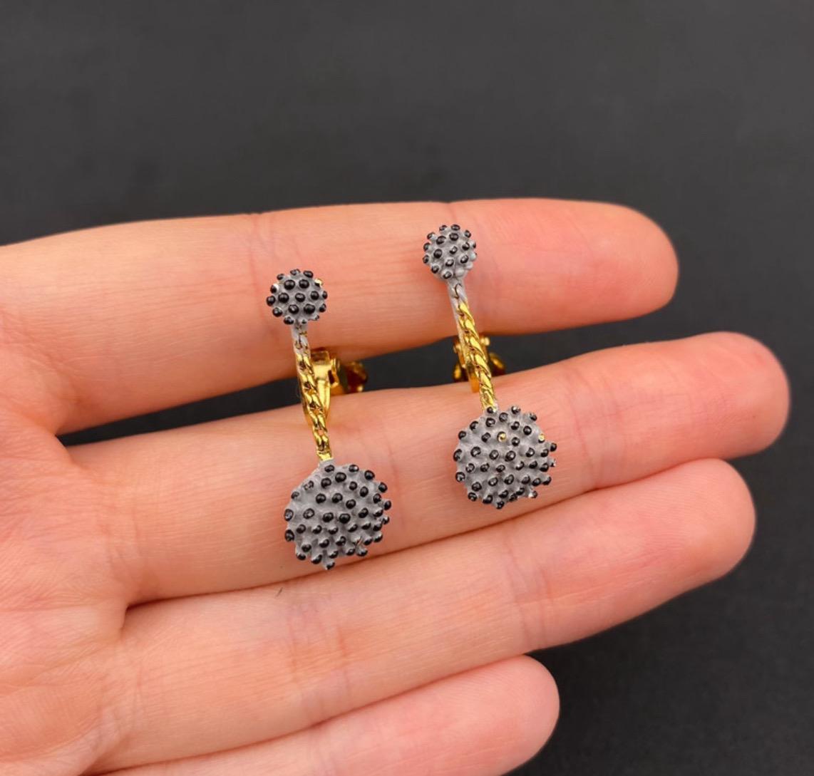 Vintage gold tone and gray enamel dangle drop clip on earrings