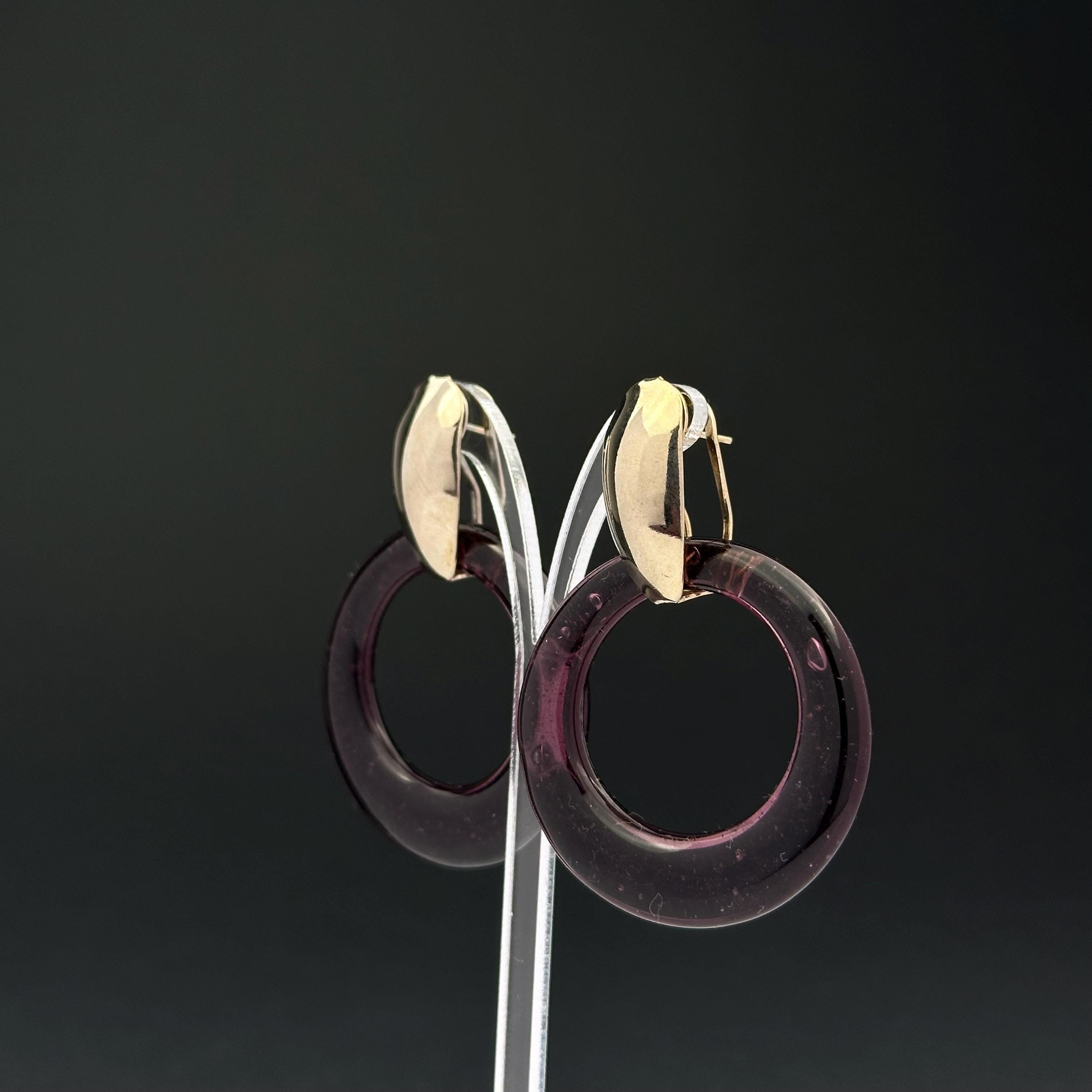 Vintage gold tone and purple glass door knocker earrings