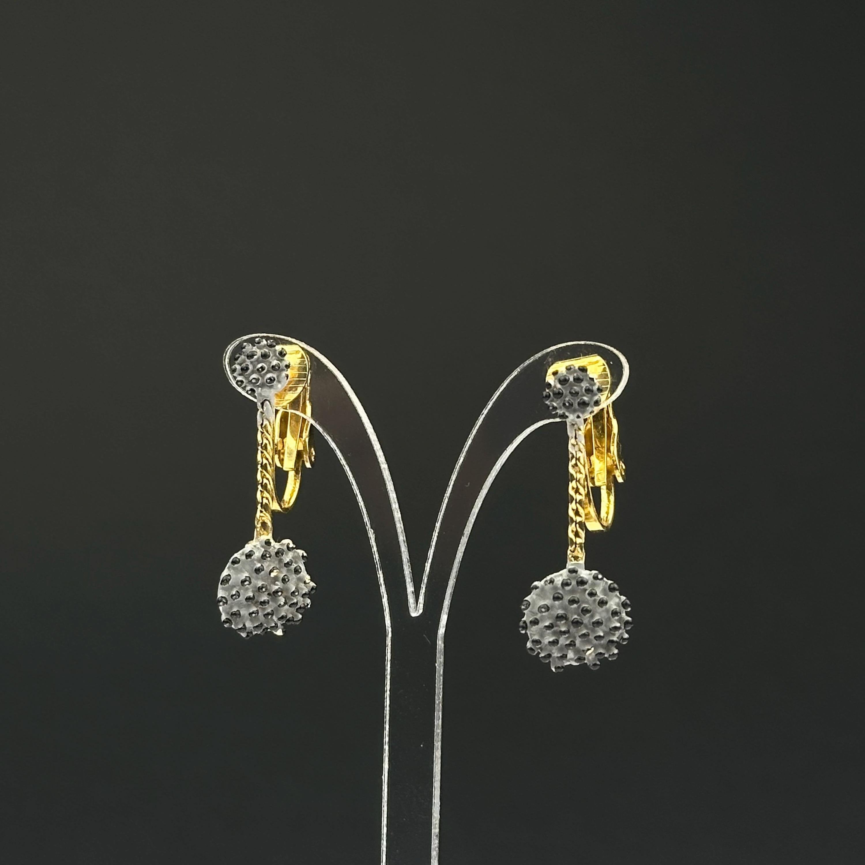 Vintage gold tone and gray enamel dangle drop clip on earrings
