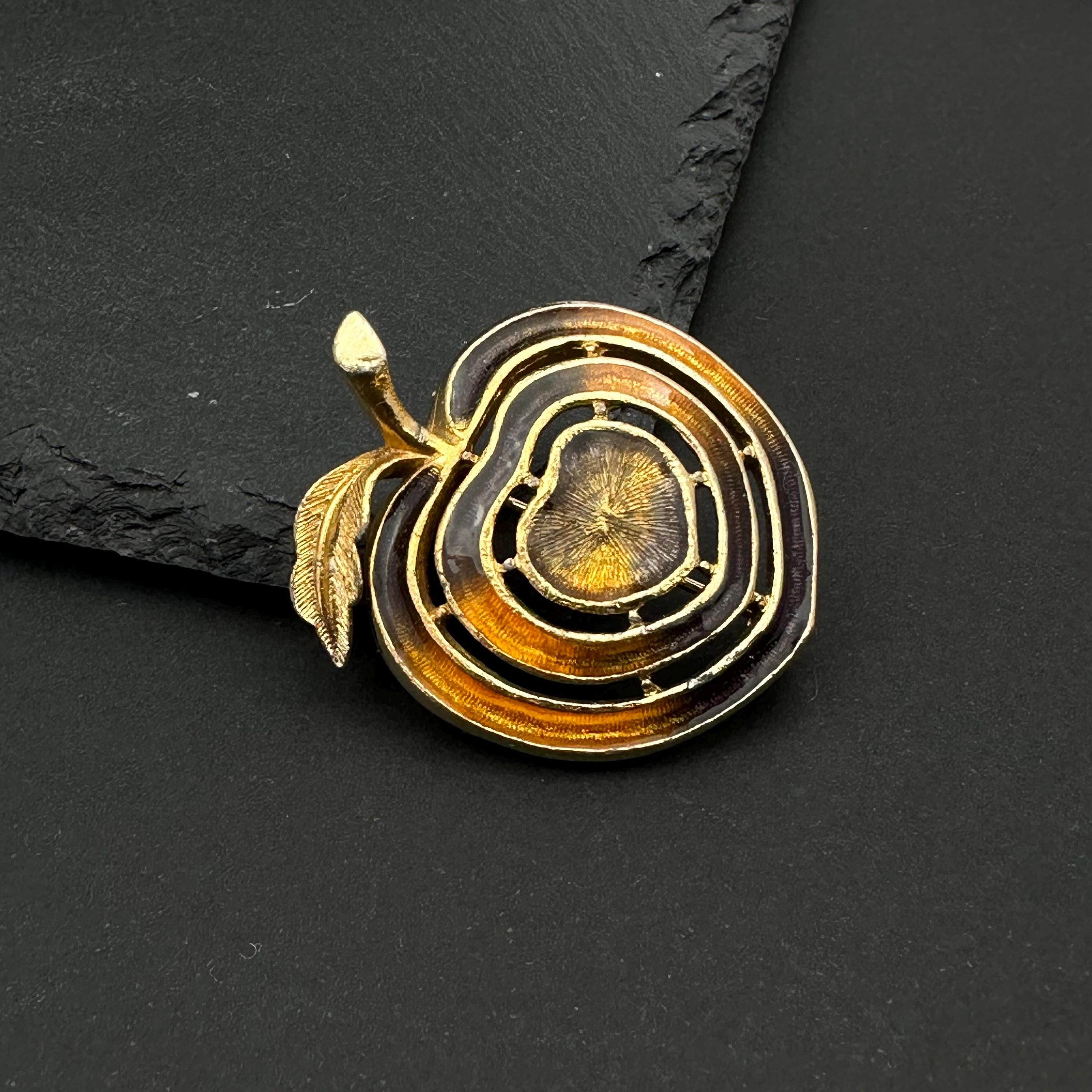 Vintage gold tone and brown enamel apple brooch