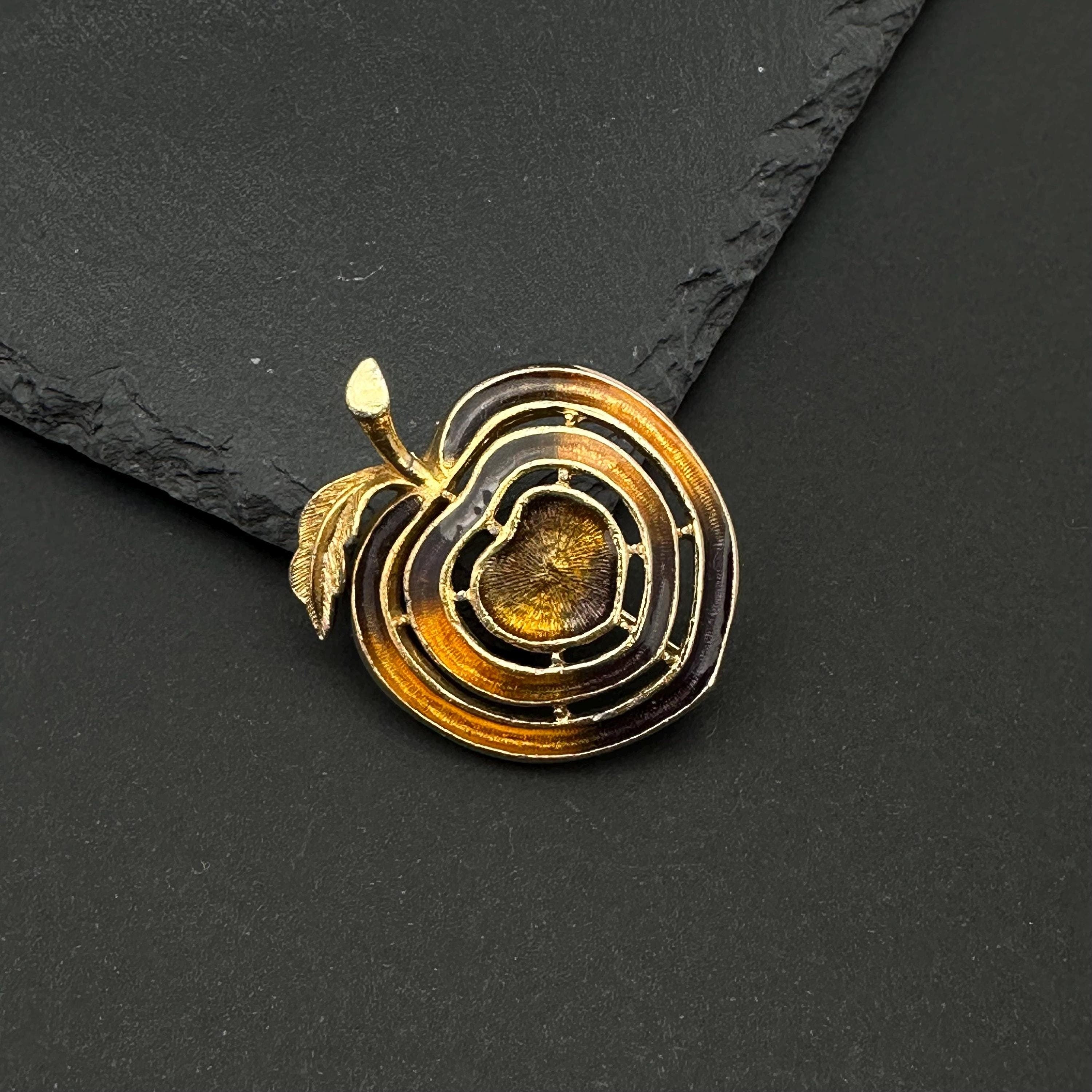 Vintage gold tone and brown enamel apple brooch