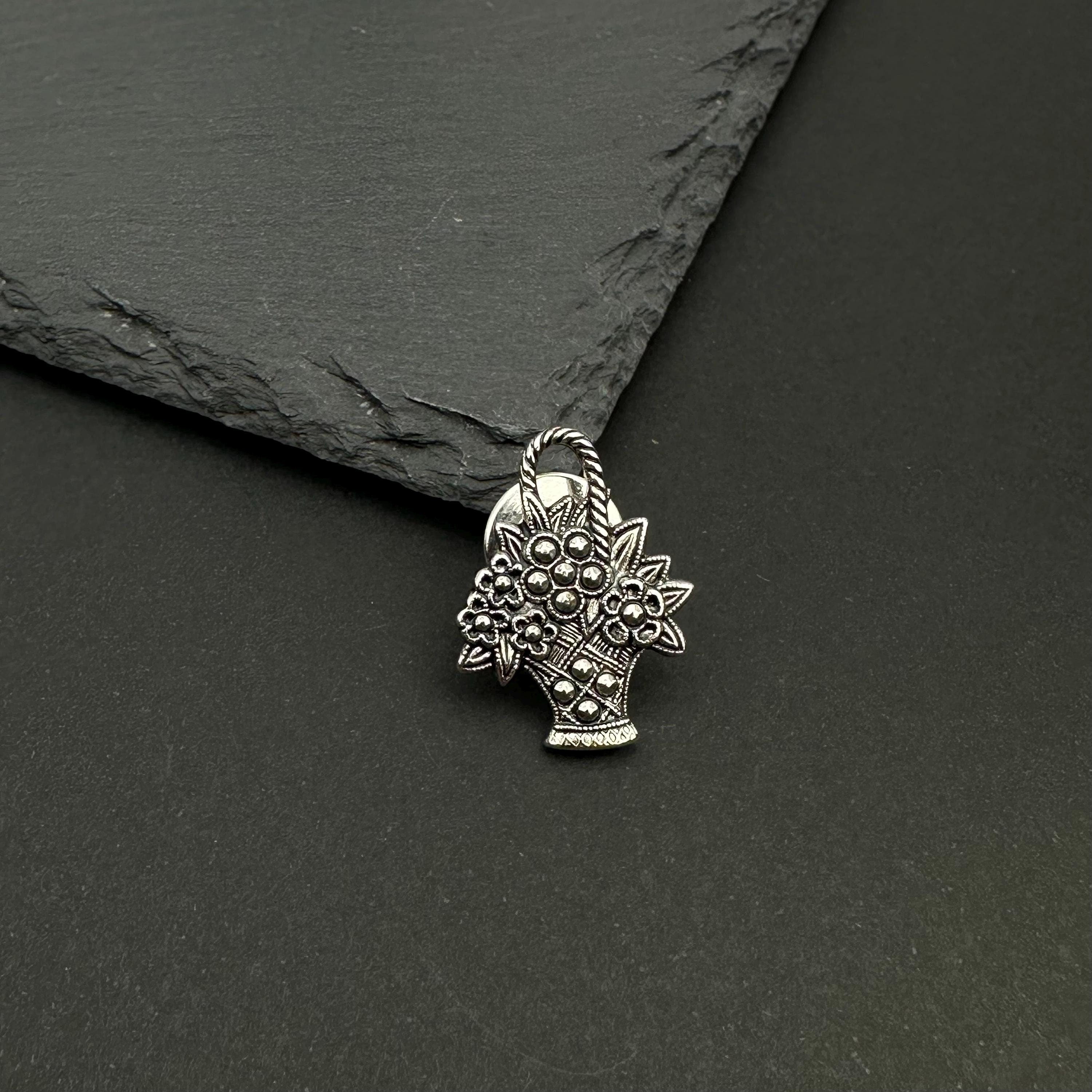Vintage AVON silver tone flower basket lapel pin