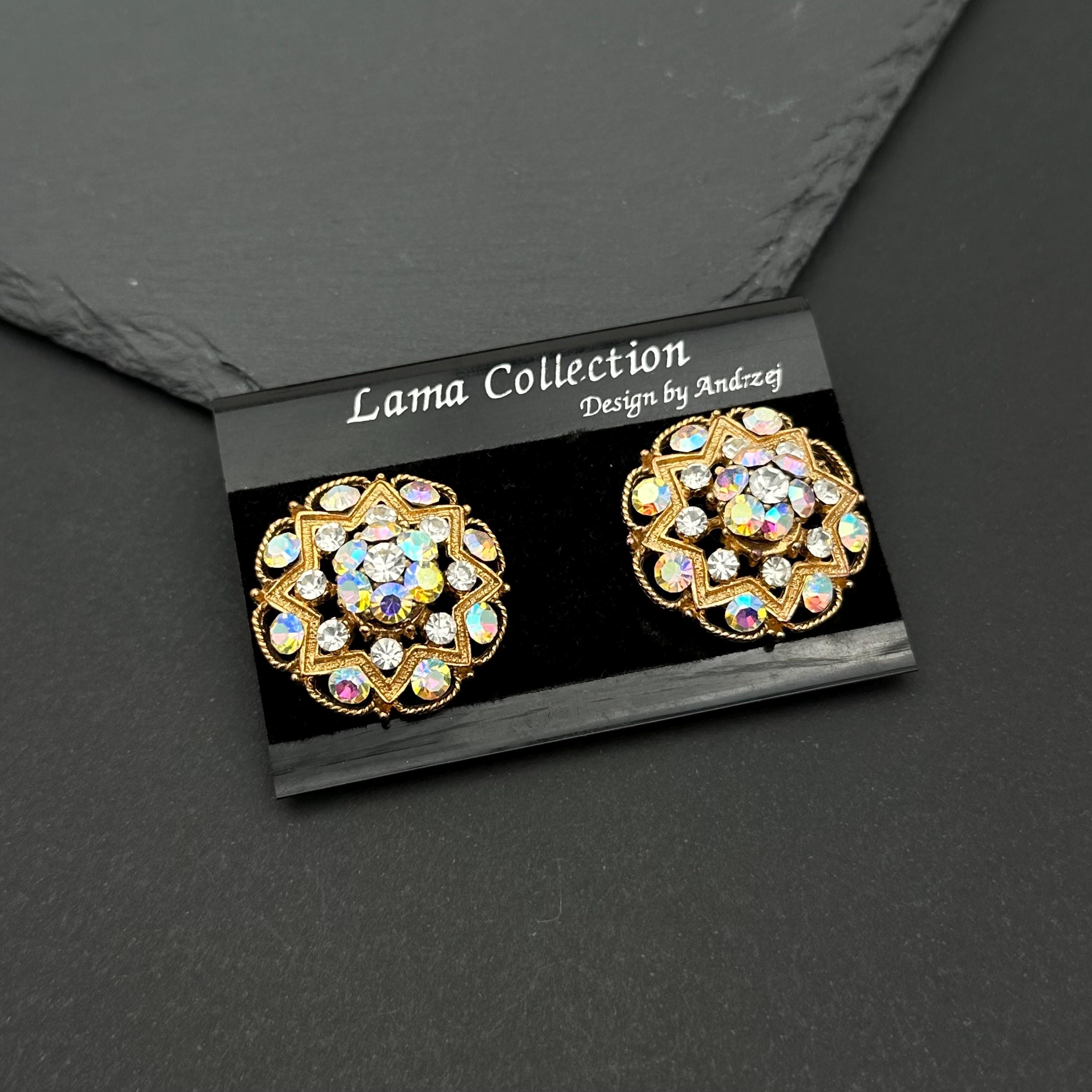 Vintage Aurora Borealis Crystal Clip On Earrings: Lama Collection