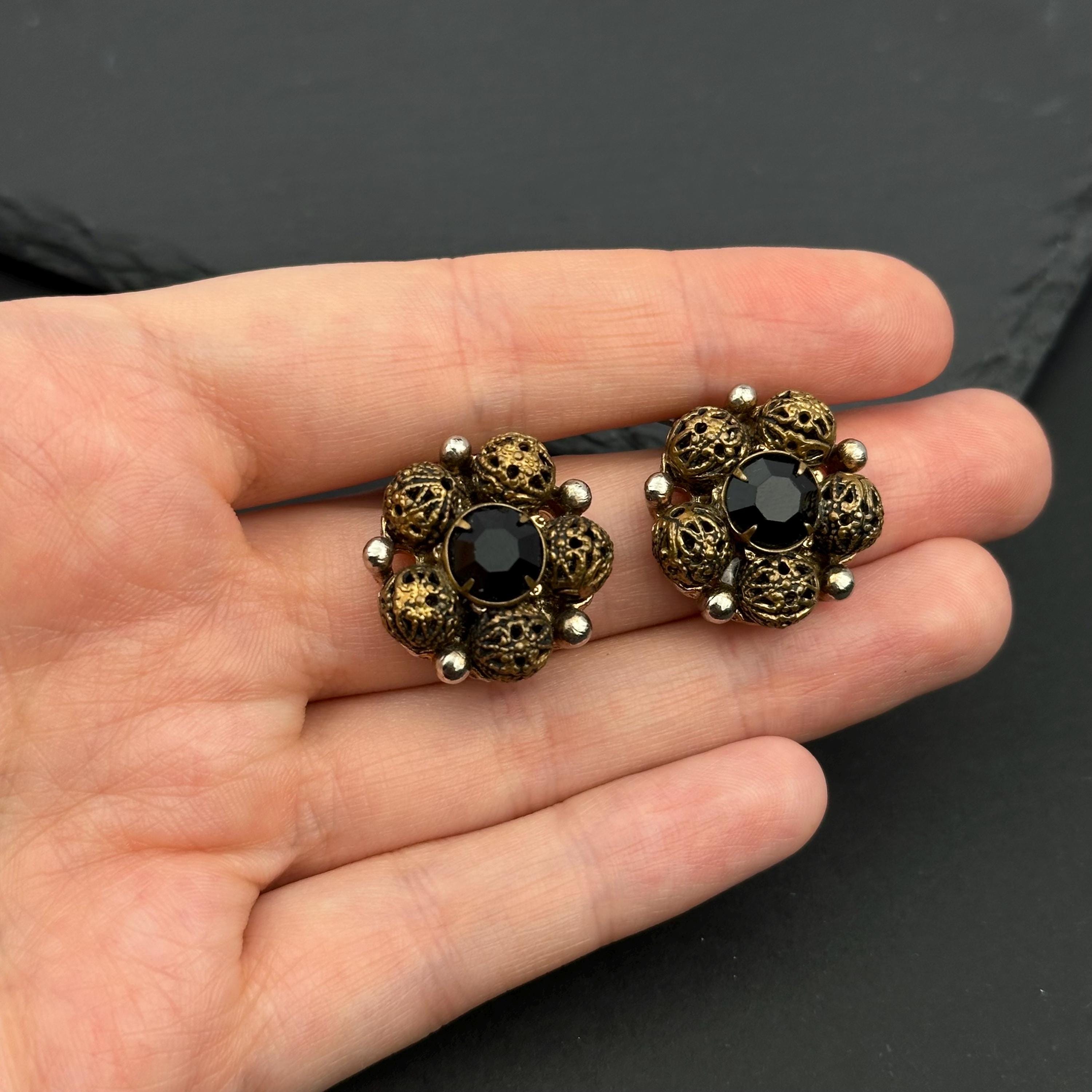 Vintage bronze tone and black crystal filigree clip-on earrings