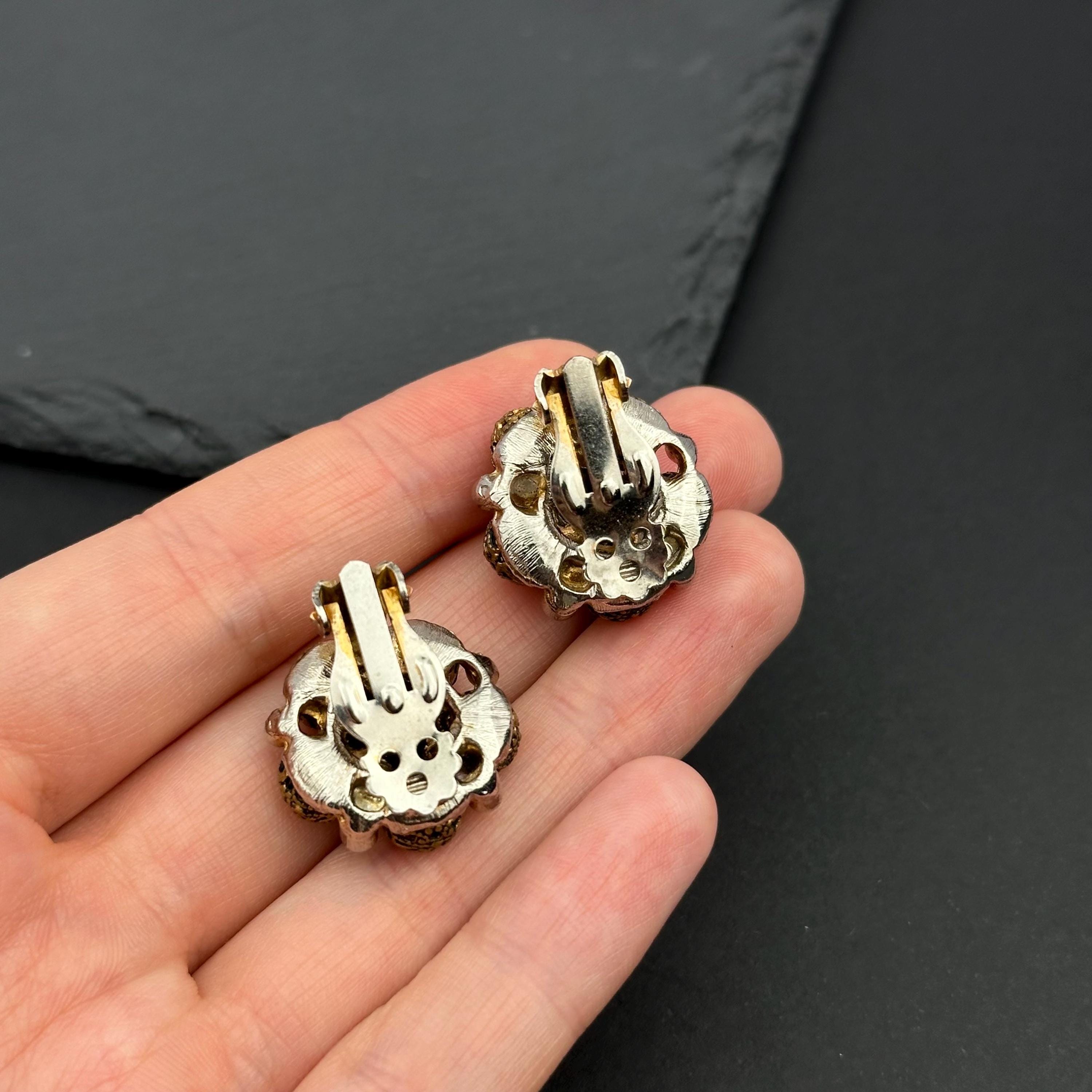 Vintage bronze tone and black crystal filigree clip-on earrings