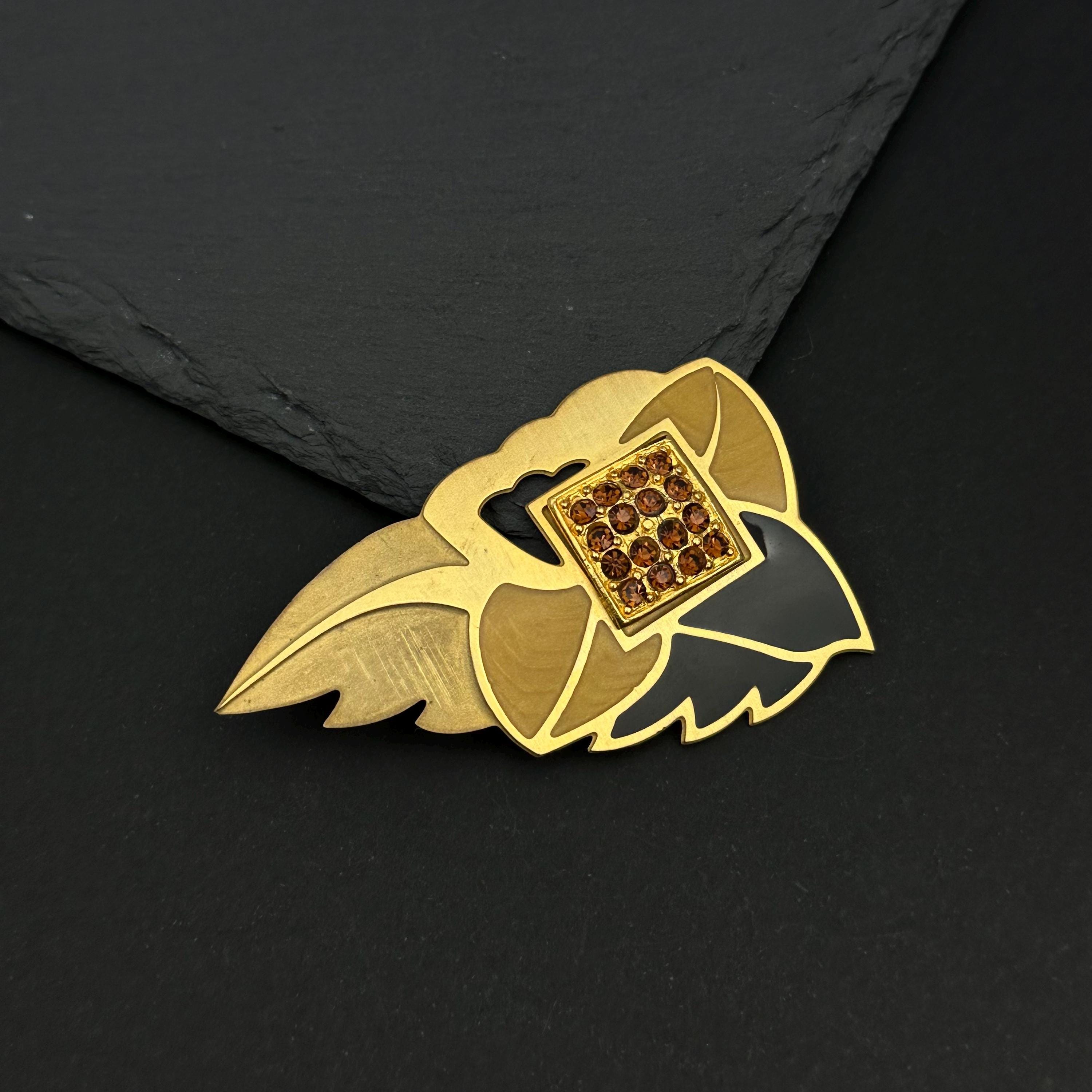 Vintage Berebi gold tone enamel rhinestone leaf brooch