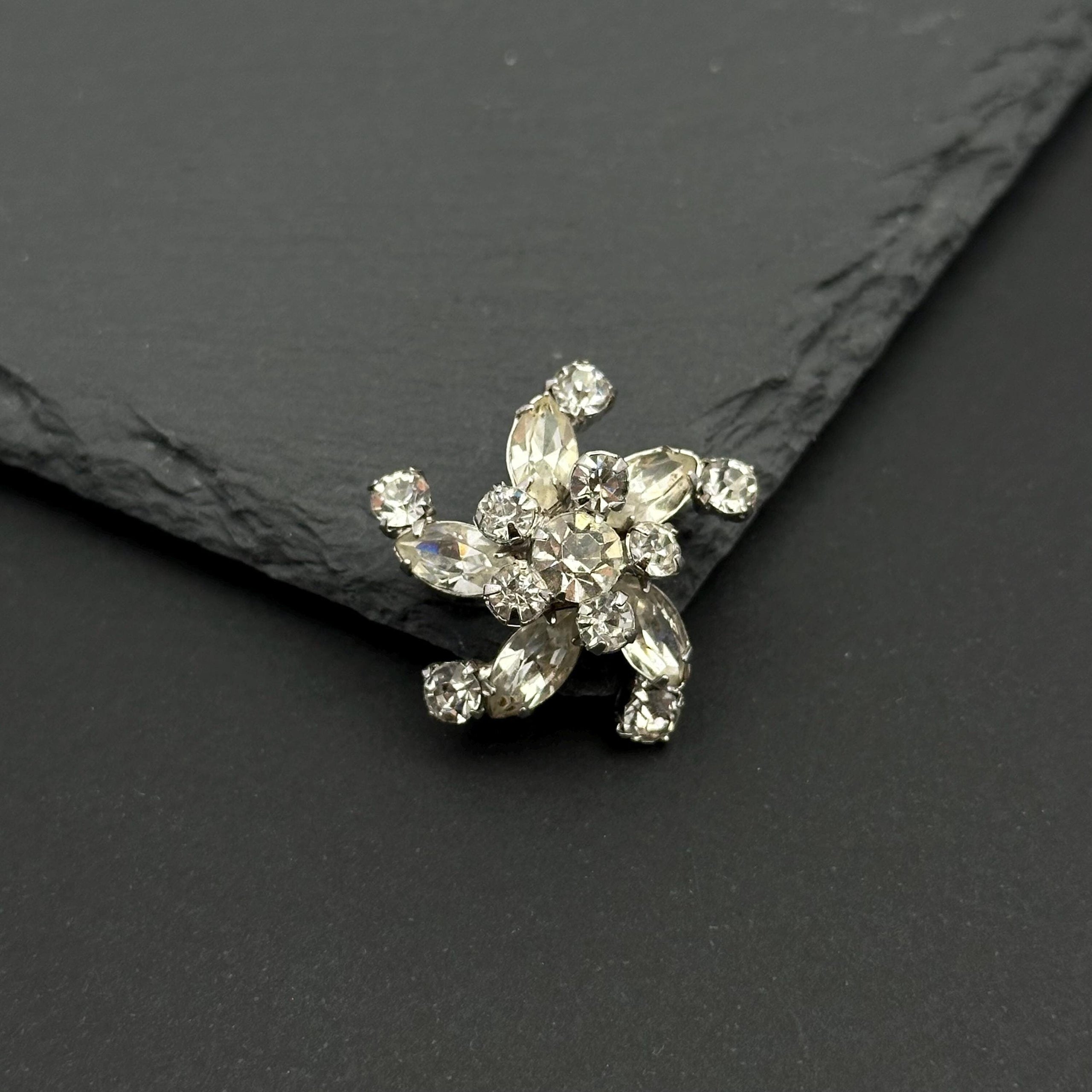 Vintage STERLING and clear rhinestones flower mini brooch