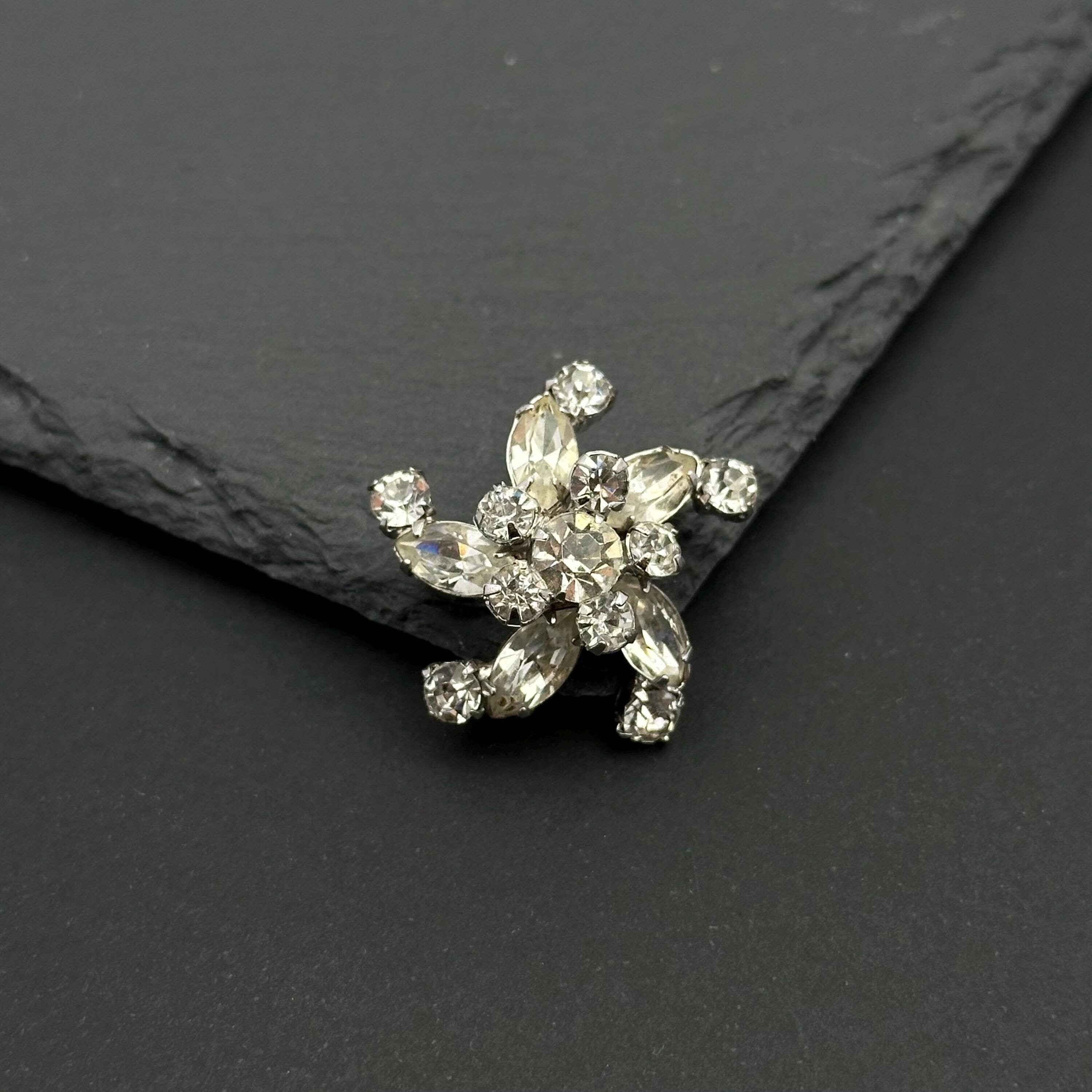 Vintage STERLING and clear rhinestones flower mini brooch