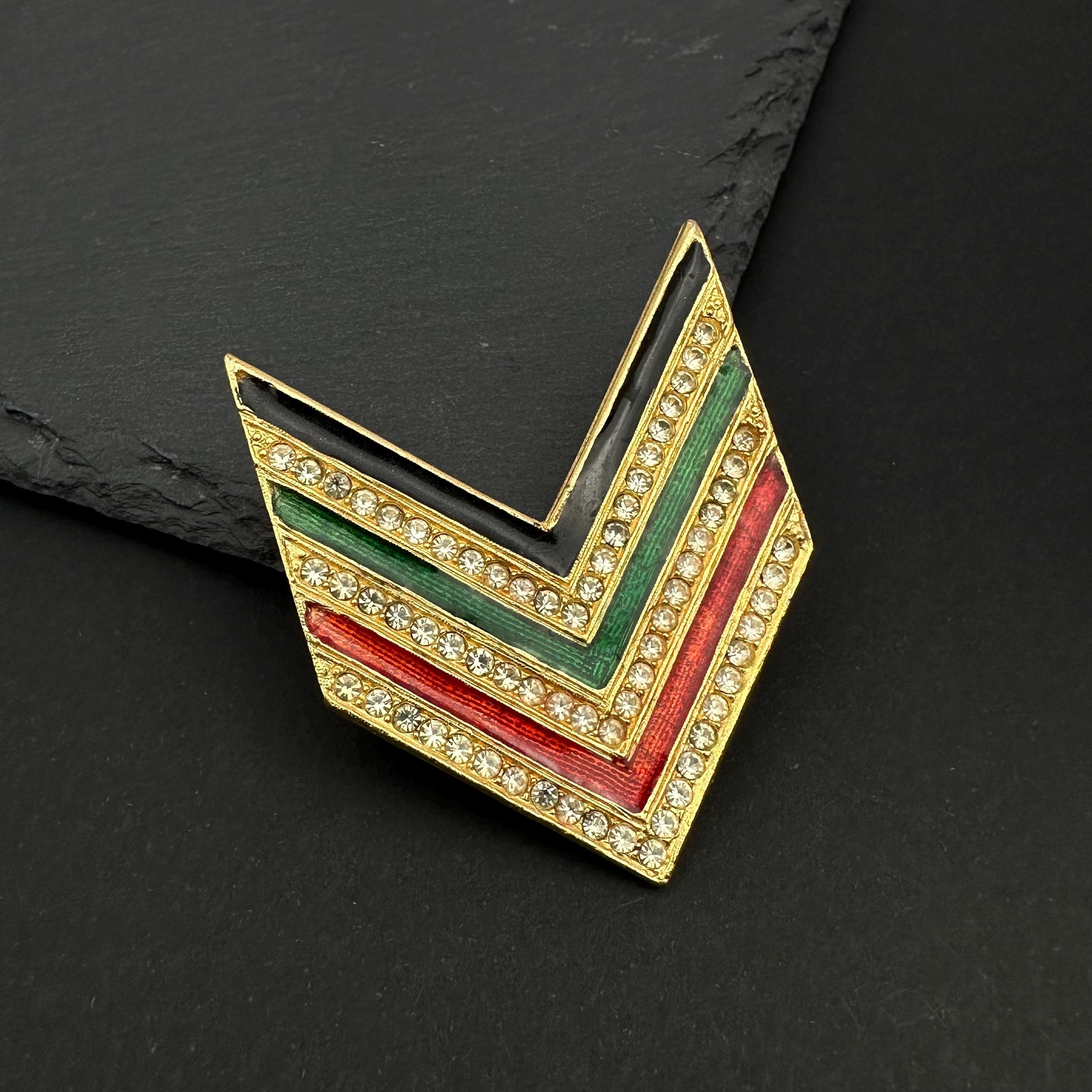 Vintage Tancer & Two gold tone, enamel and rhinestone chevron brooch
