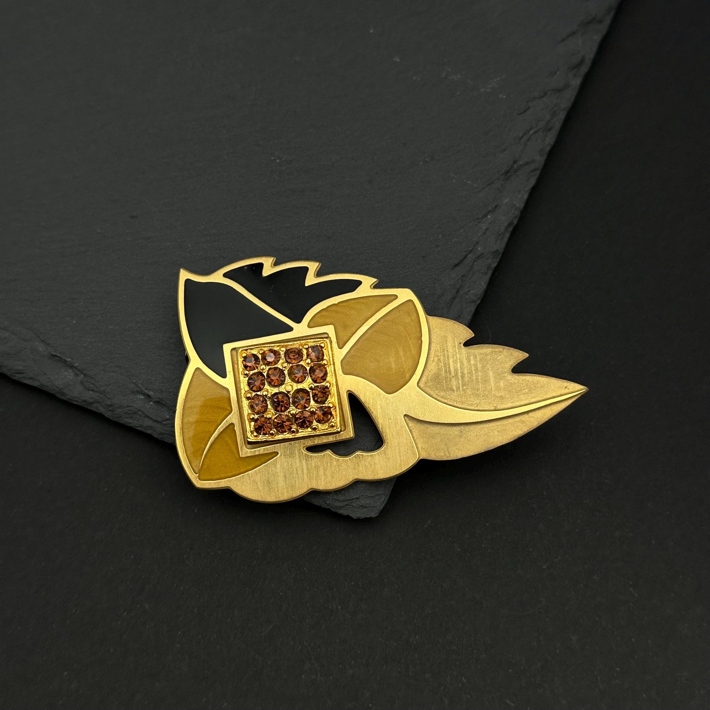 Vintage Berebi gold tone enamel rhinestone leaf brooch
