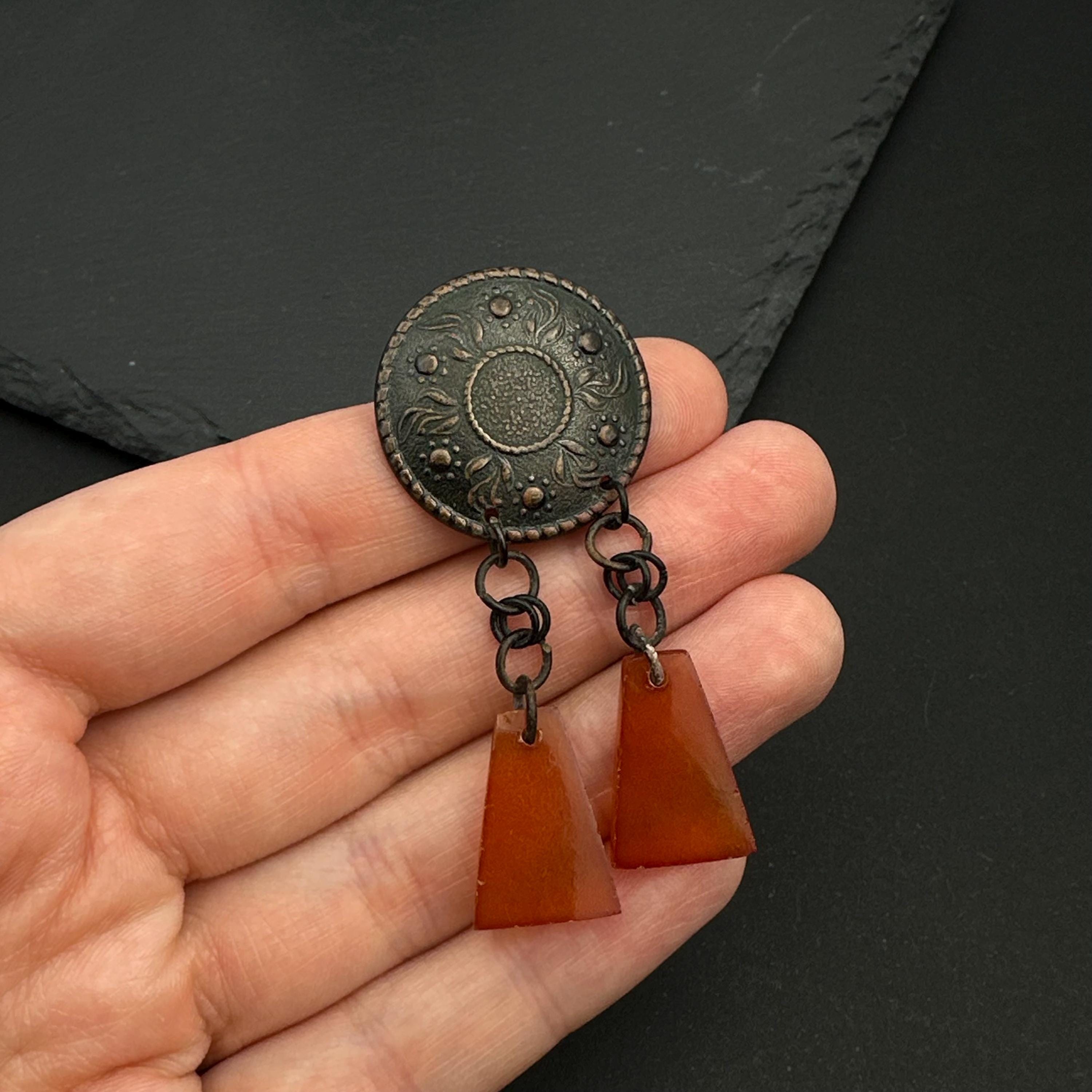 Vintage USSR copper-tone resin dangle pin brooch