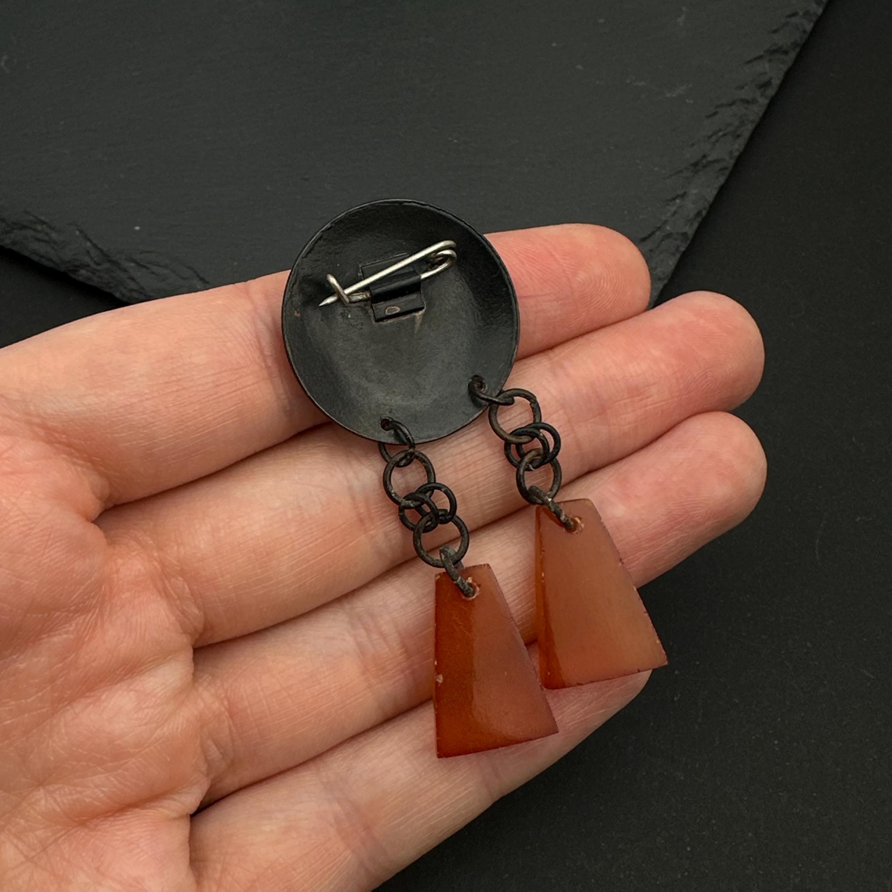 Vintage USSR copper-tone resin dangle pin brooch