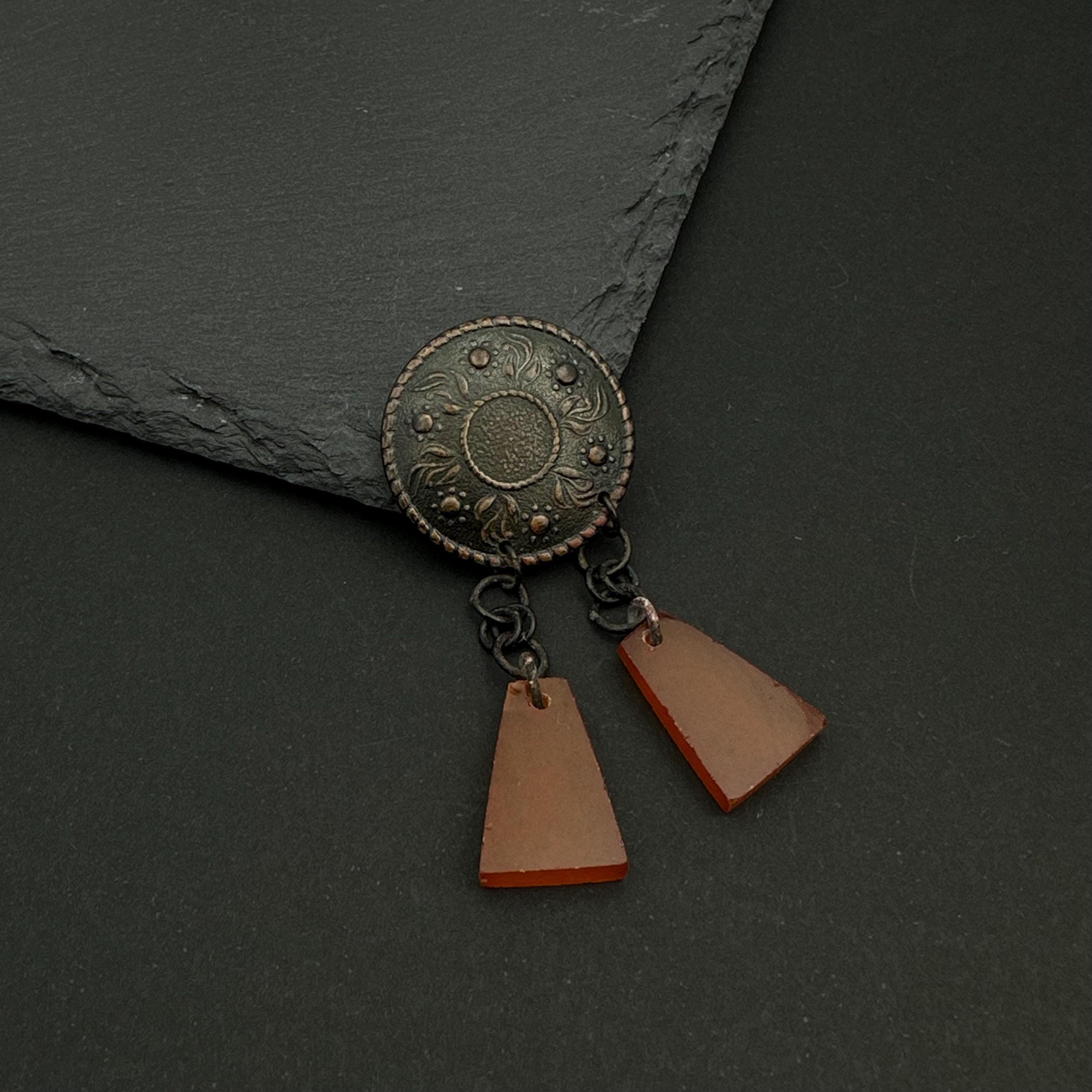 Vintage USSR copper-tone resin dangle pin brooch