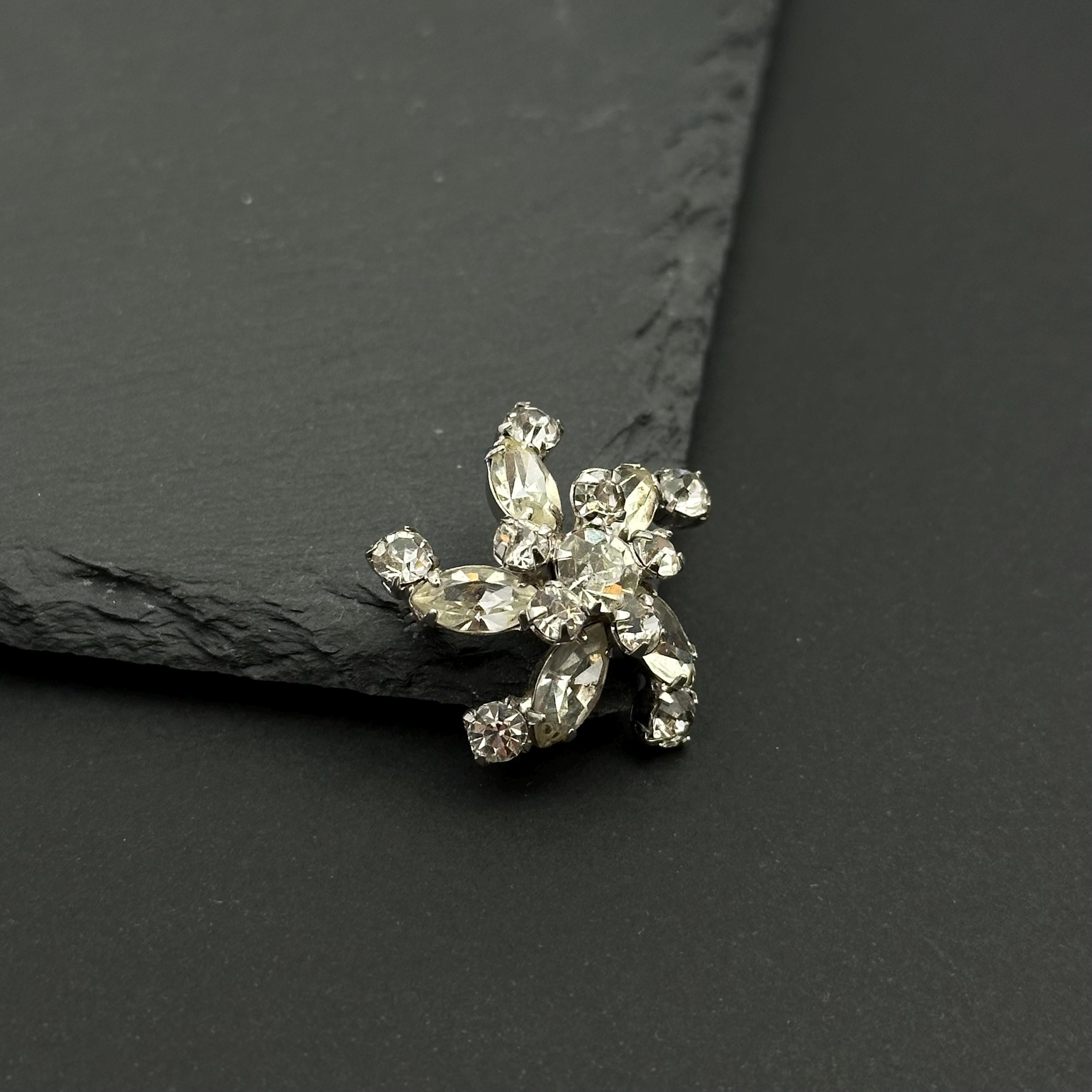 Vintage STERLING and clear rhinestones flower mini brooch
