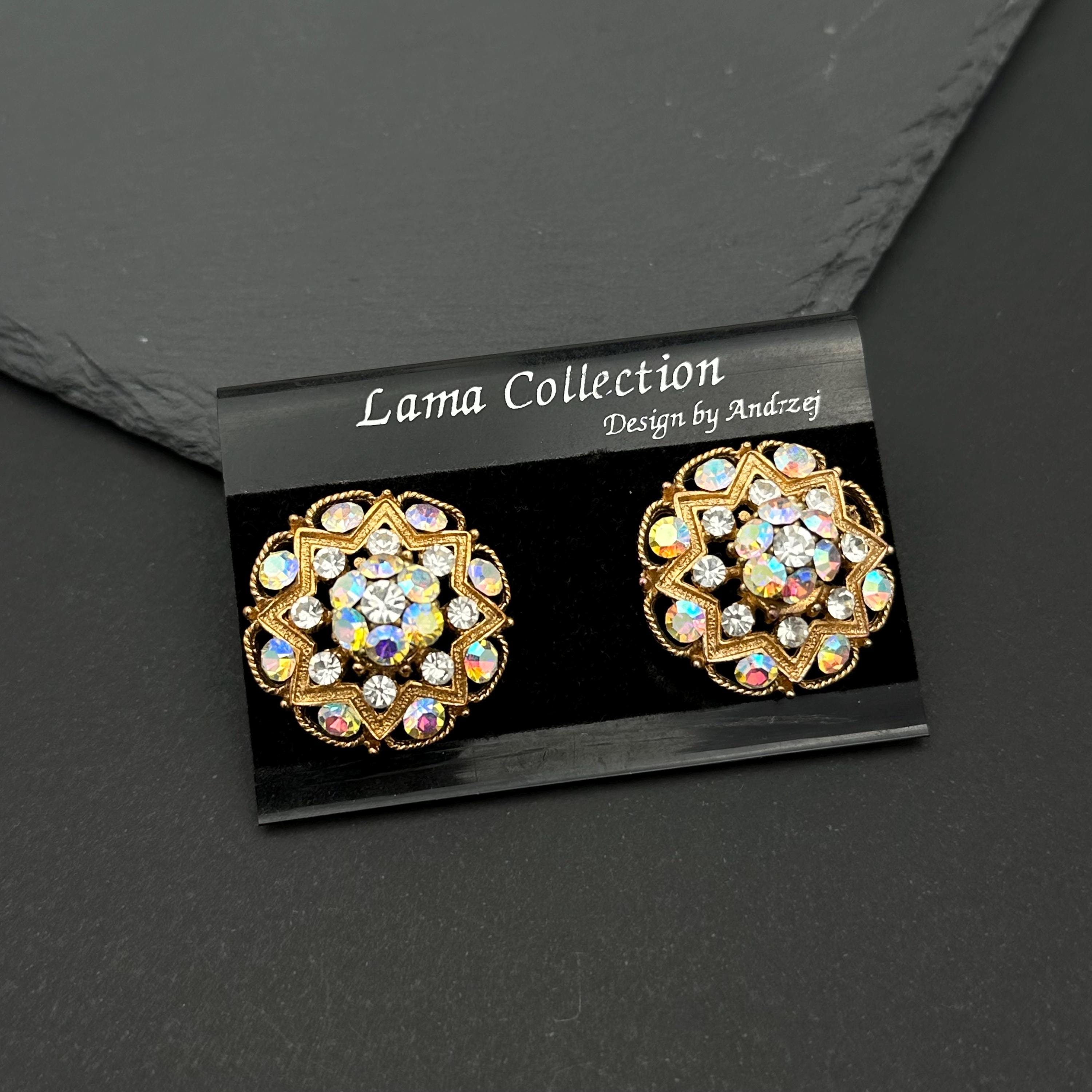 Vintage Aurora Borealis Crystal Clip On Earrings: Lama Collection