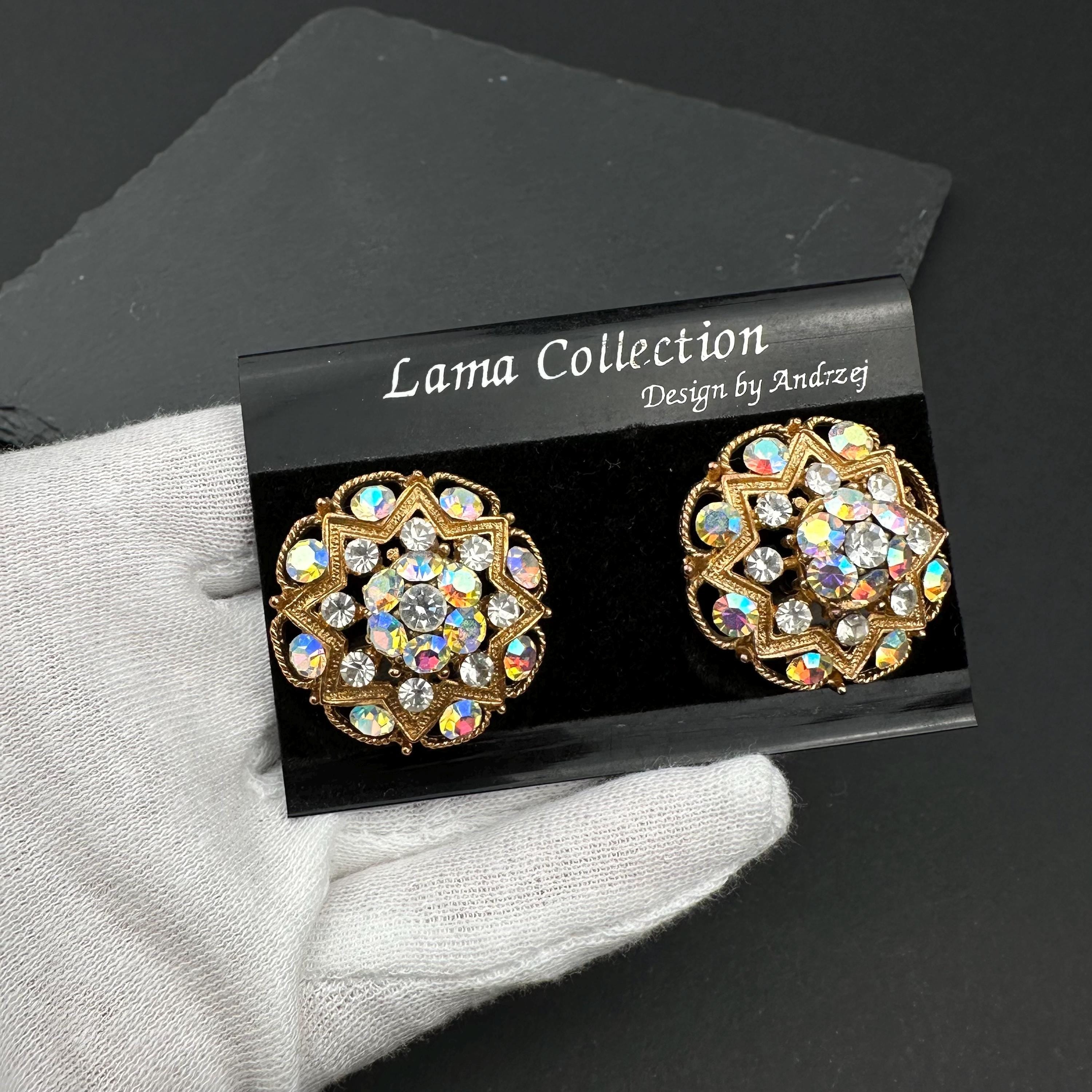 Vintage Aurora Borealis Crystal Clip On Earrings: Lama Collection