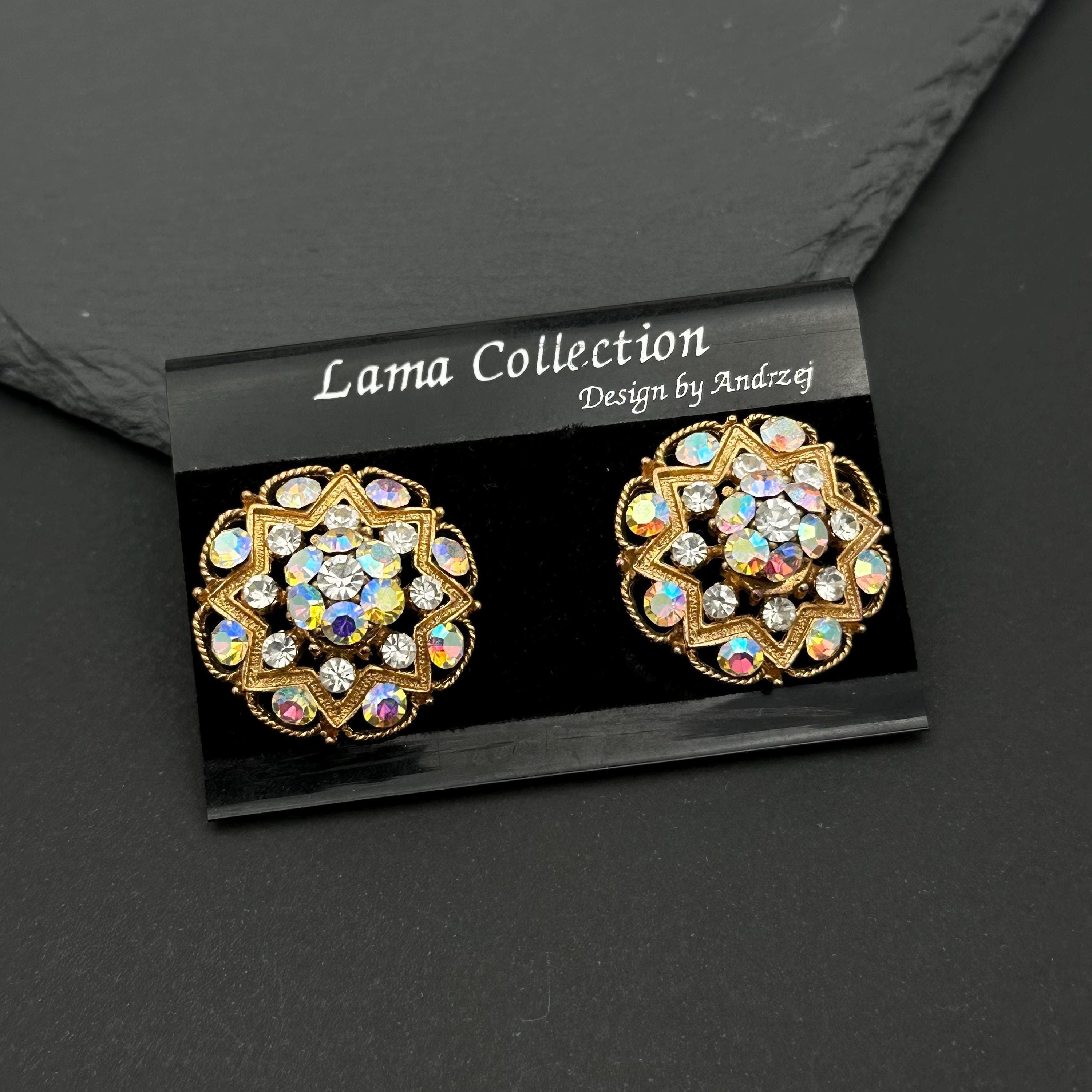 Vintage Aurora Borealis Crystal Clip On Earrings: Lama Collection