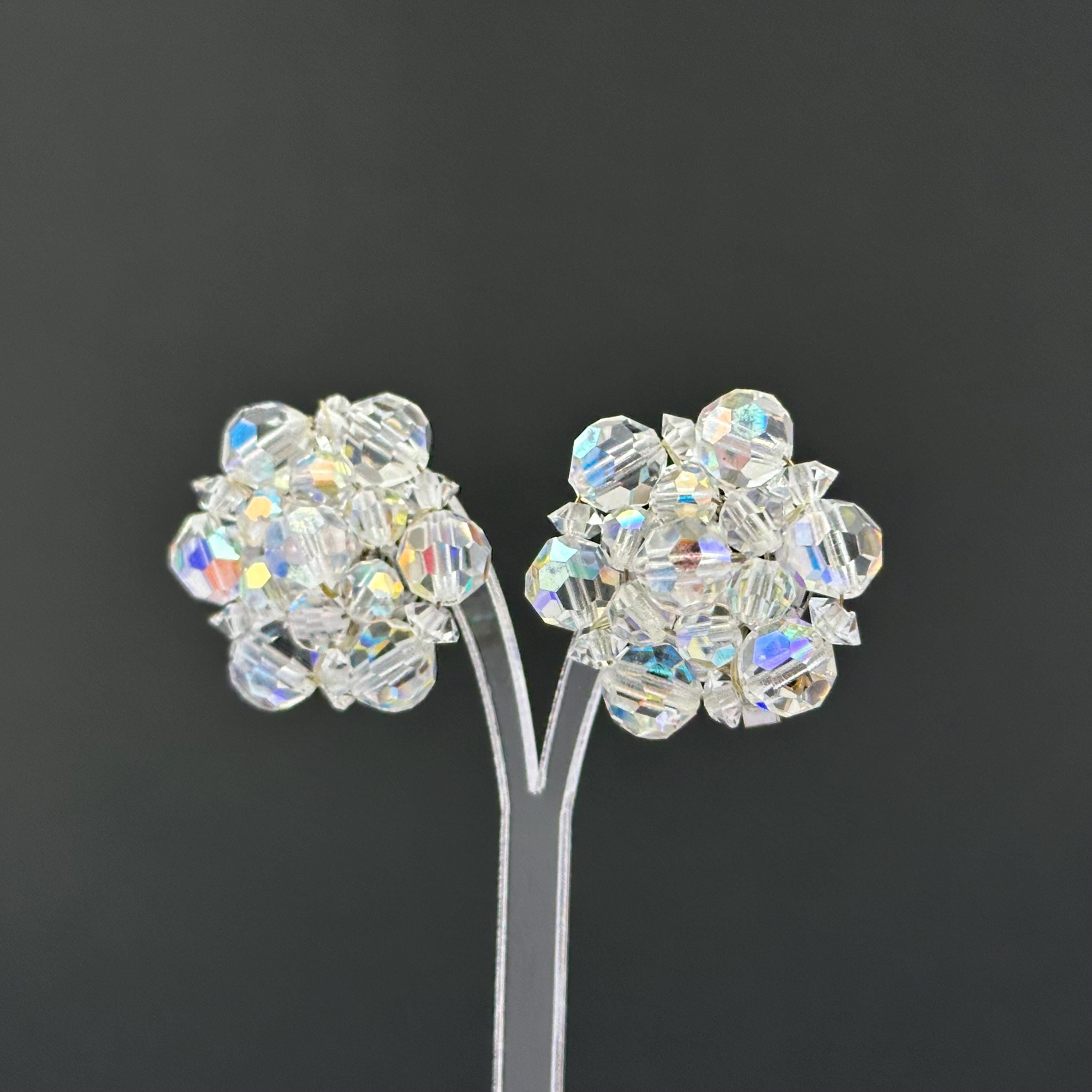 Vintage Aurora Boreaalis beaded clip - on earrings Vintage jewelry gift