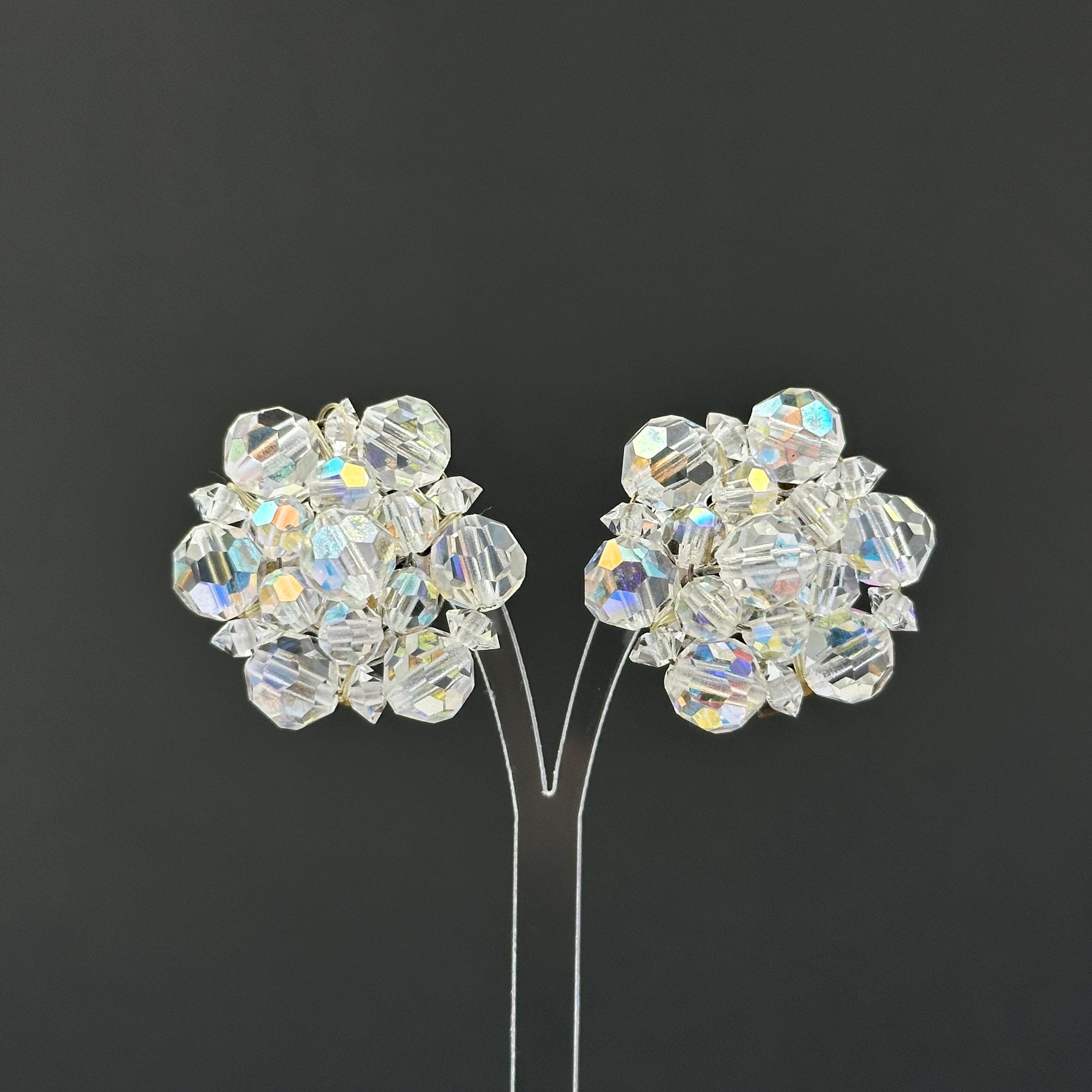 Vintage Aurora Boreaalis beaded clip - on earrings Vintage jewelry gift