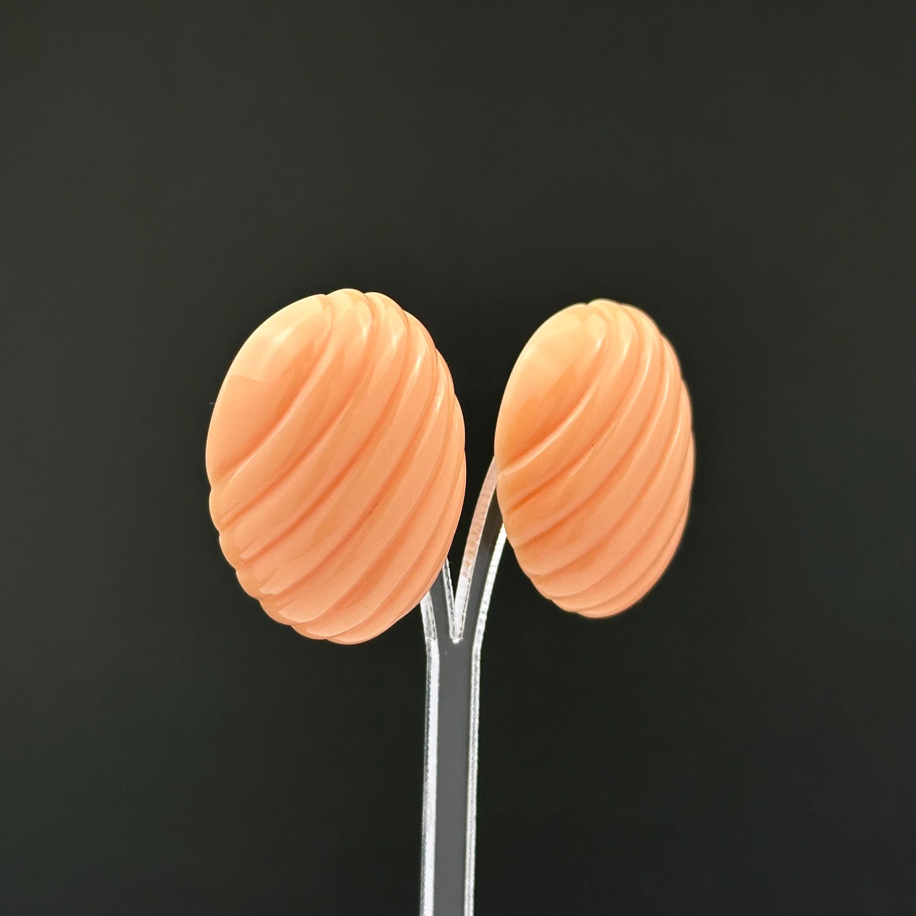 Vintage Trifari Peach Ribbed Plastic Clip On Earrings, 1980s