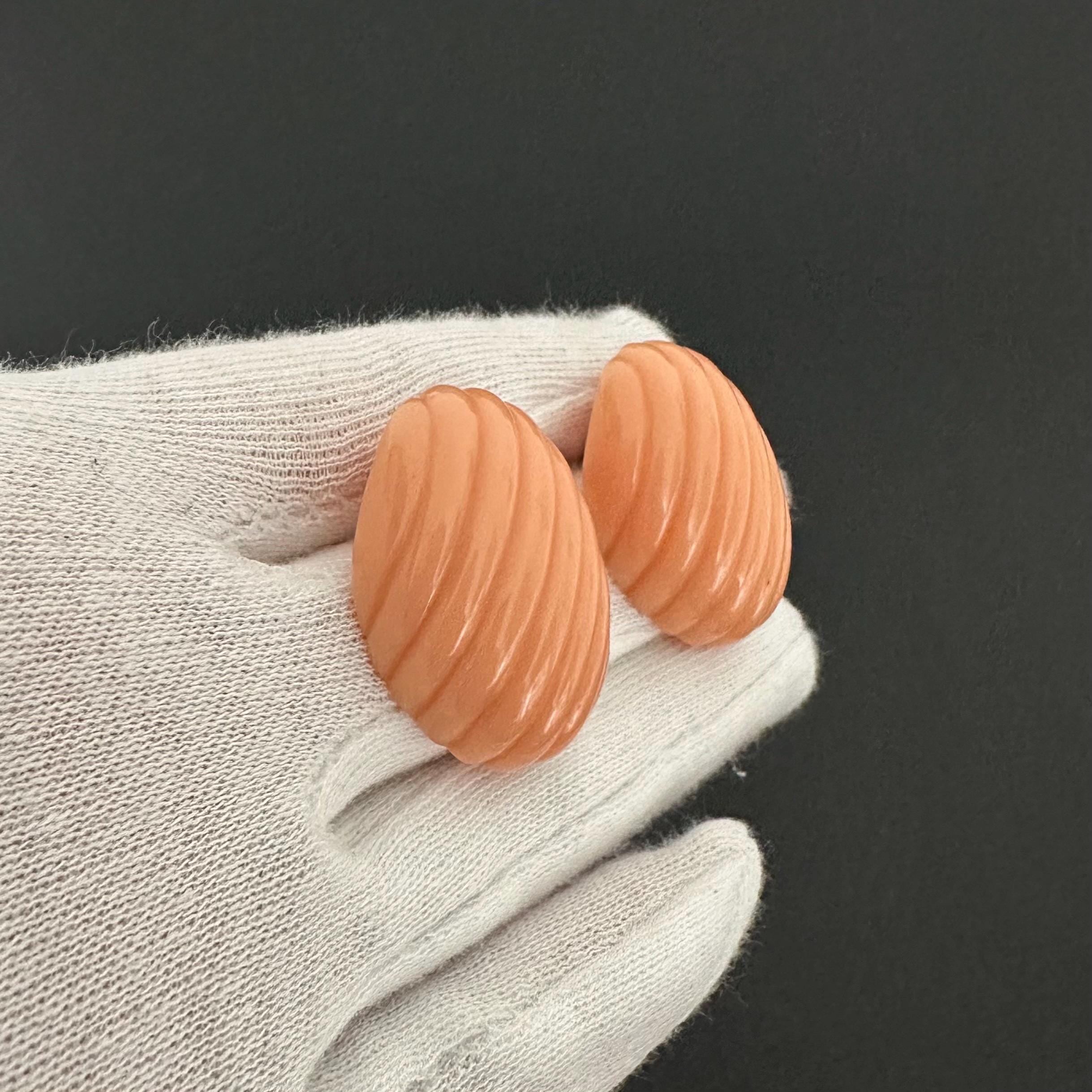 Vintage Trifari Peach Ribbed Plastic Clip On Earrings, 1980s