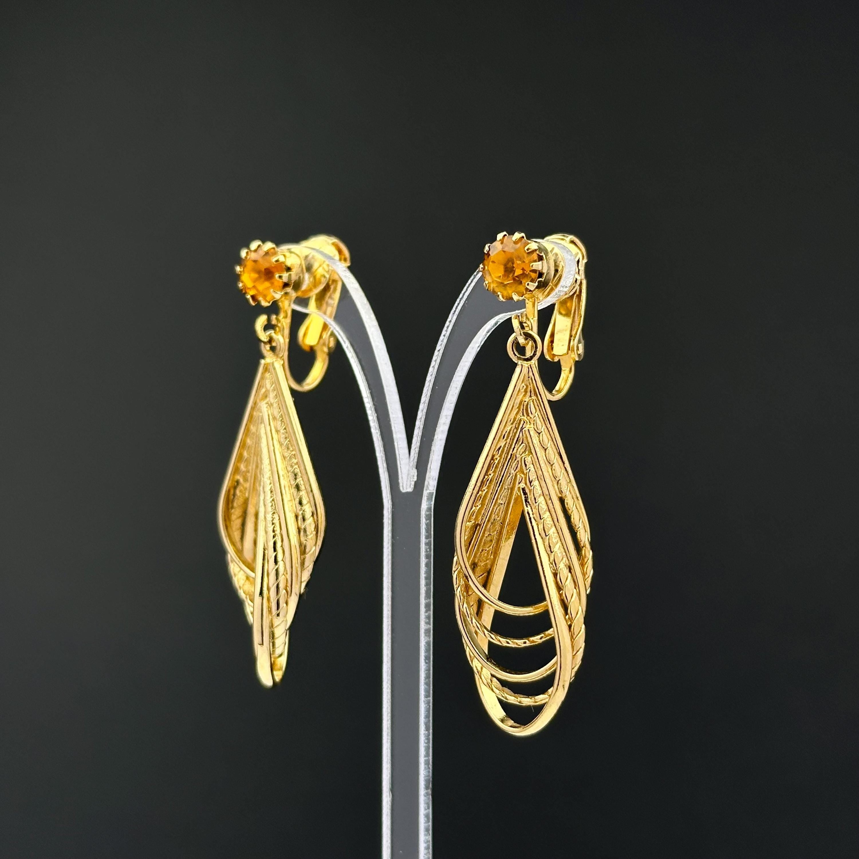 Vintage Gold Tone Clip-On Earrings: Amber Rhinestone Teardrop Dangle