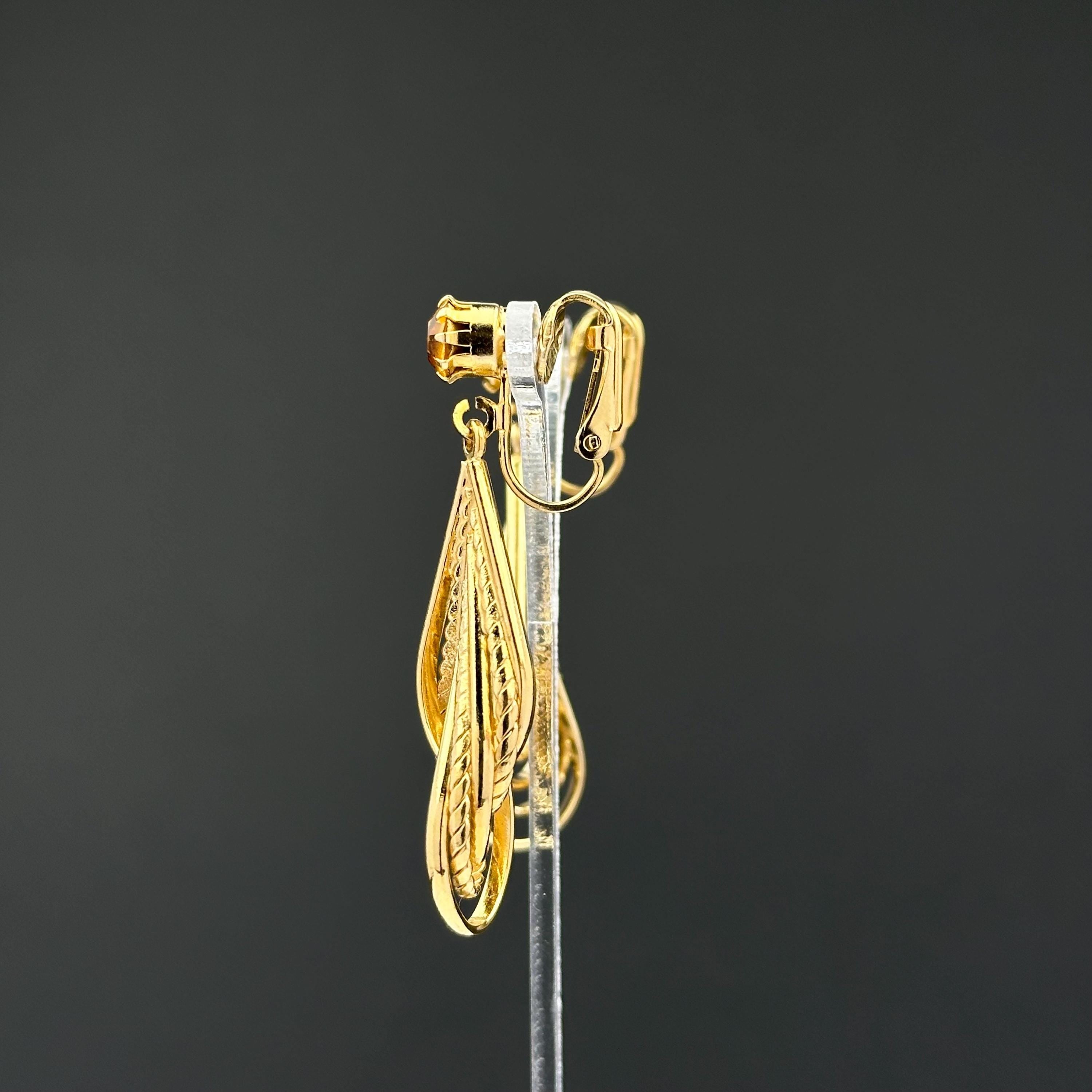 Vintage Gold Tone Clip-On Earrings: Amber Rhinestone Teardrop Dangle