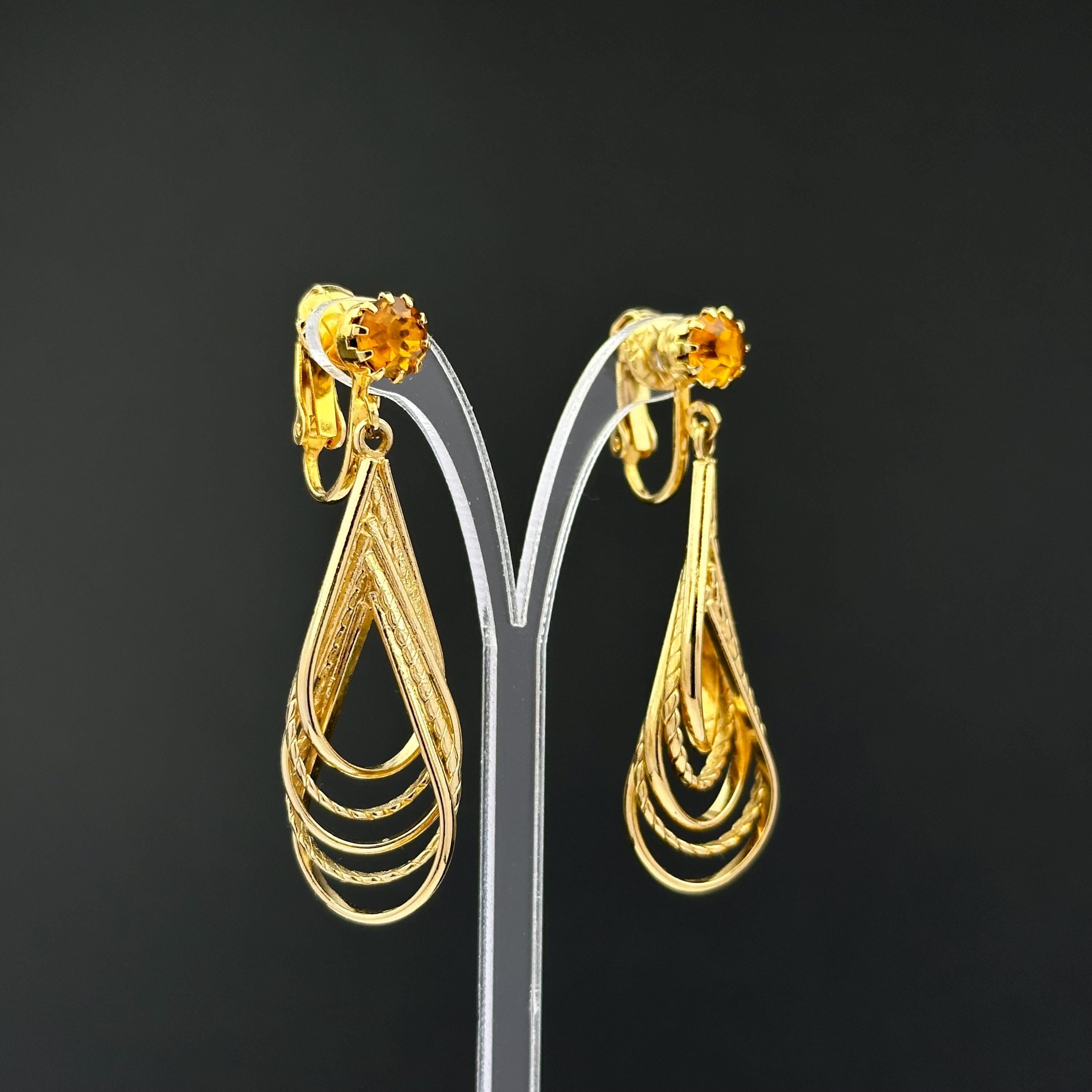 Vintage Gold Tone Clip-On Earrings: Amber Rhinestone Teardrop Dangle