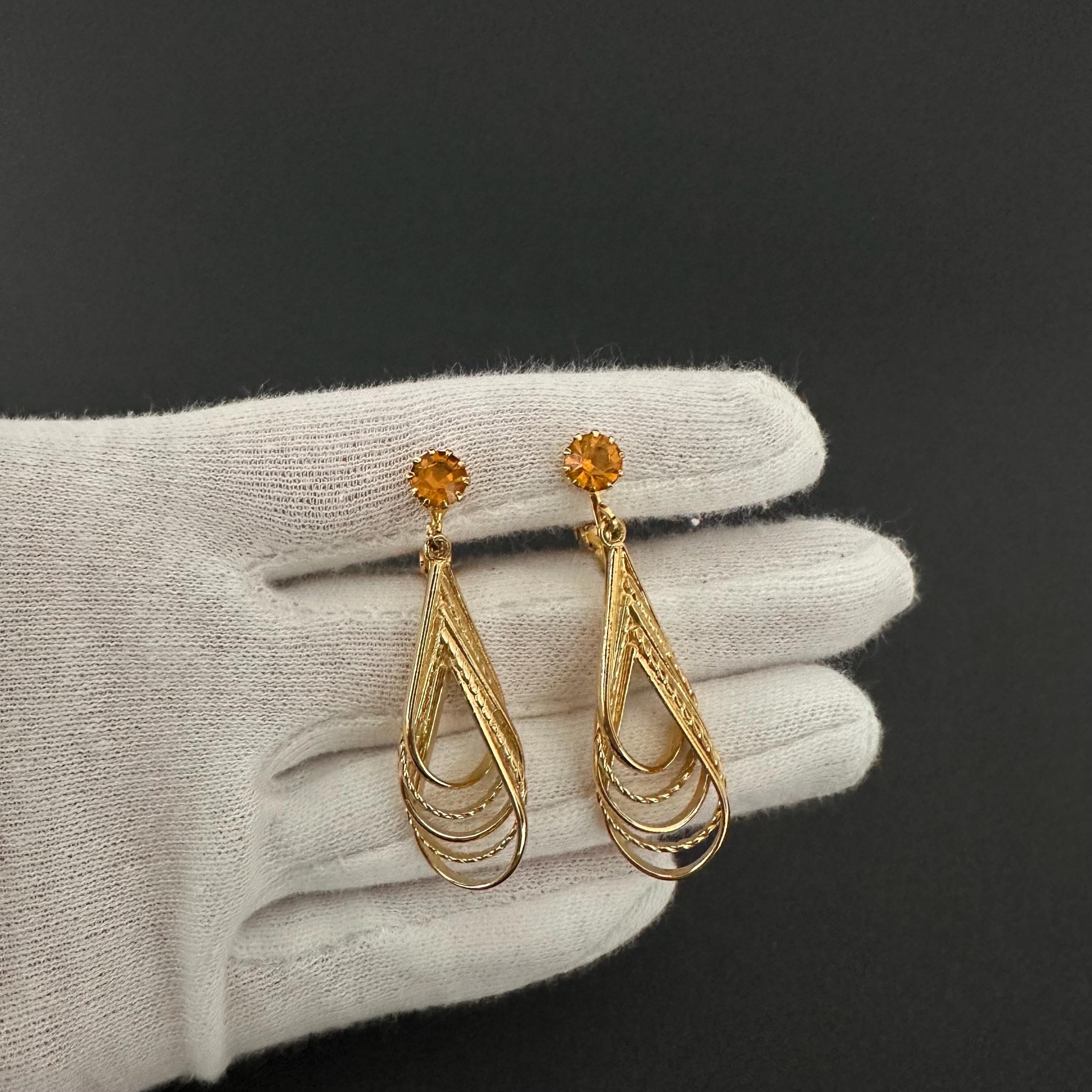 Vintage Gold Tone Clip-On Earrings: Amber Rhinestone Teardrop Dangle
