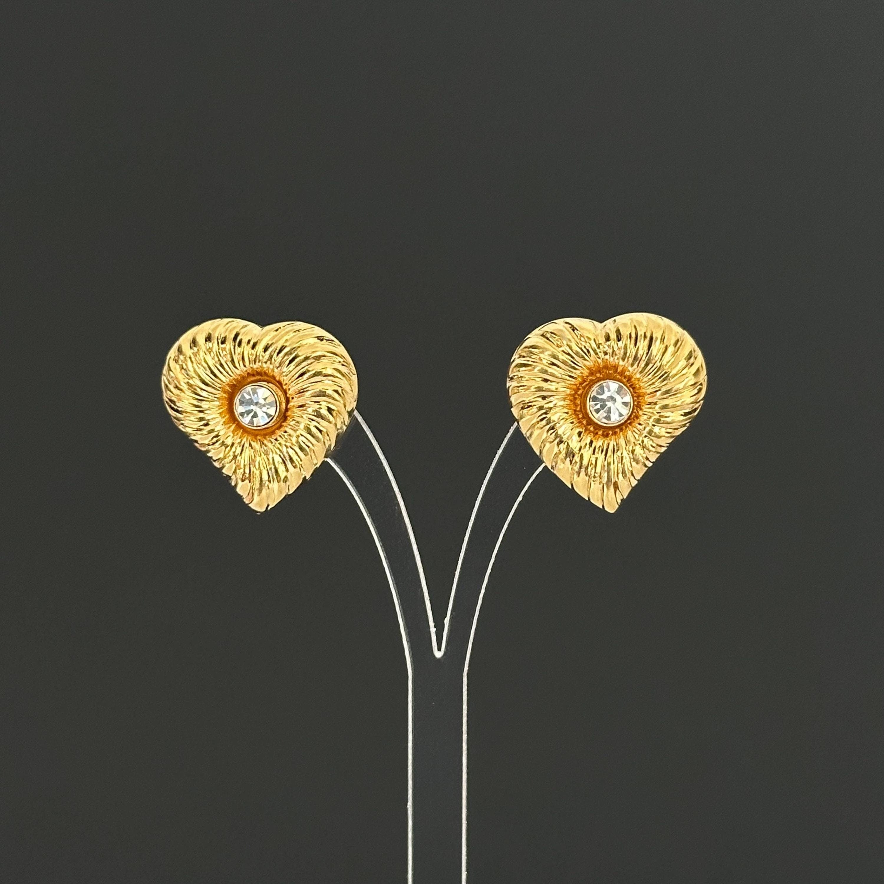 Vintage gold-tone heart earrings with rhinestone studs, 2-in-1 Design
