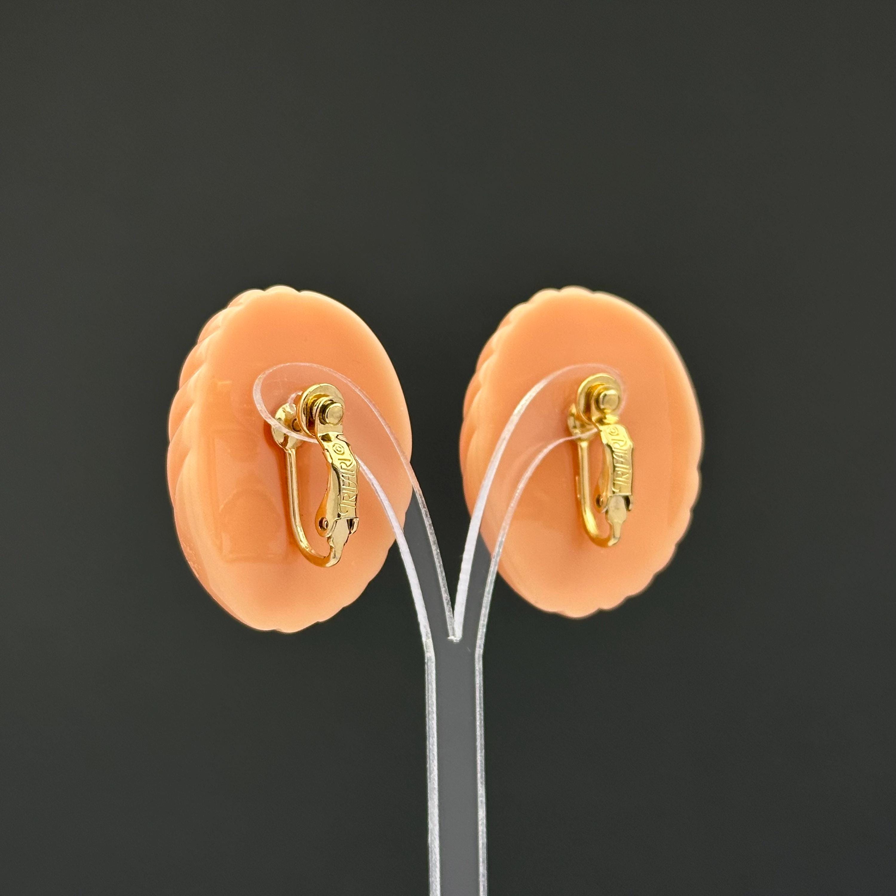 Vintage Trifari Peach Ribbed Plastic Clip On Earrings, 1980s