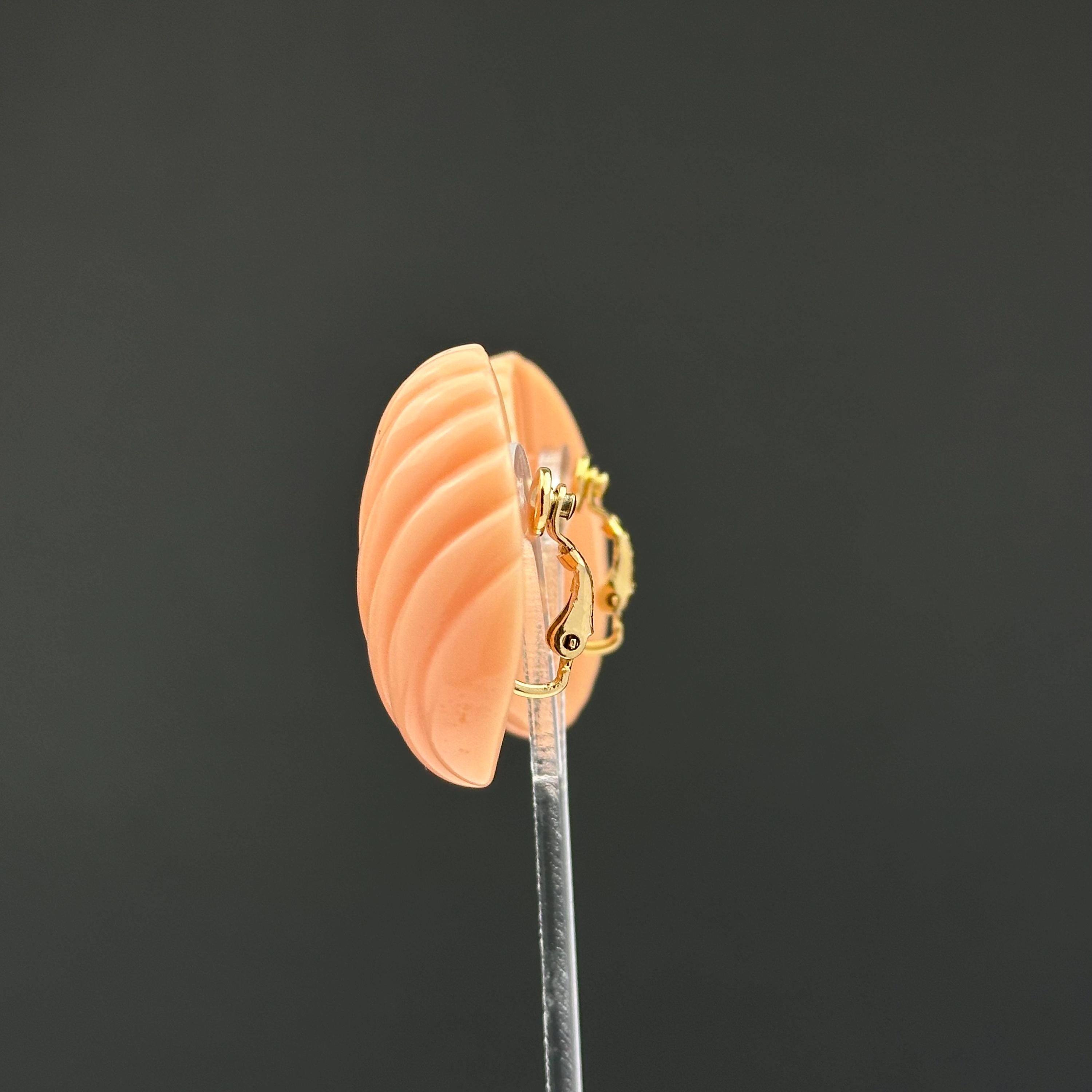 Vintage Trifari Peach Ribbed Plastic Clip On Earrings, 1980s