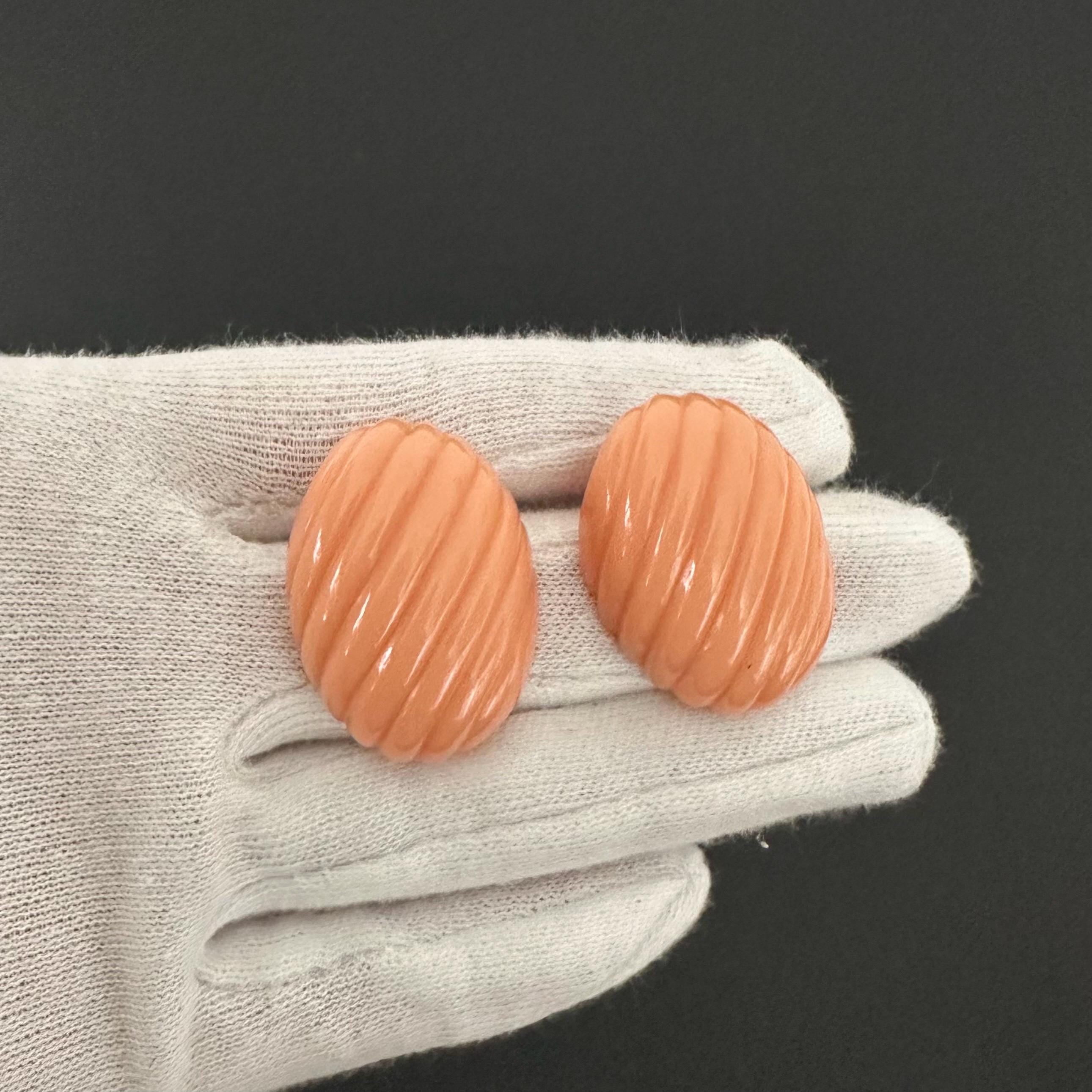 Vintage Trifari Peach Ribbed Plastic Clip On Earrings, 1980s