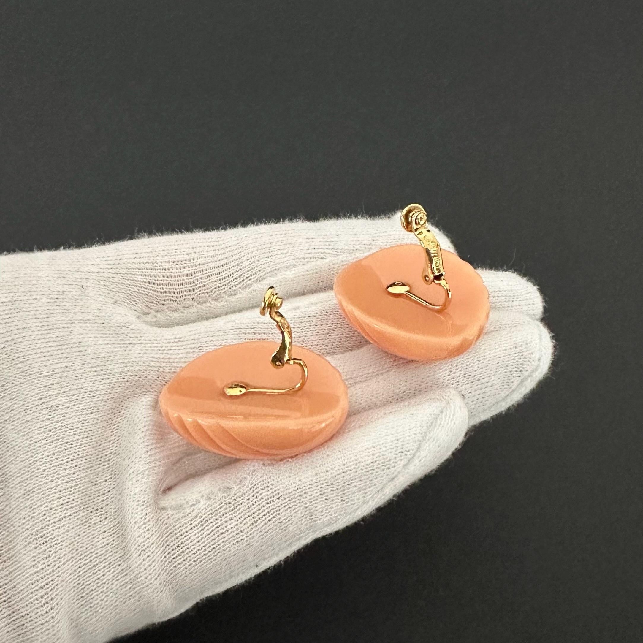 Vintage Trifari Peach Ribbed Plastic Clip On Earrings, 1980s