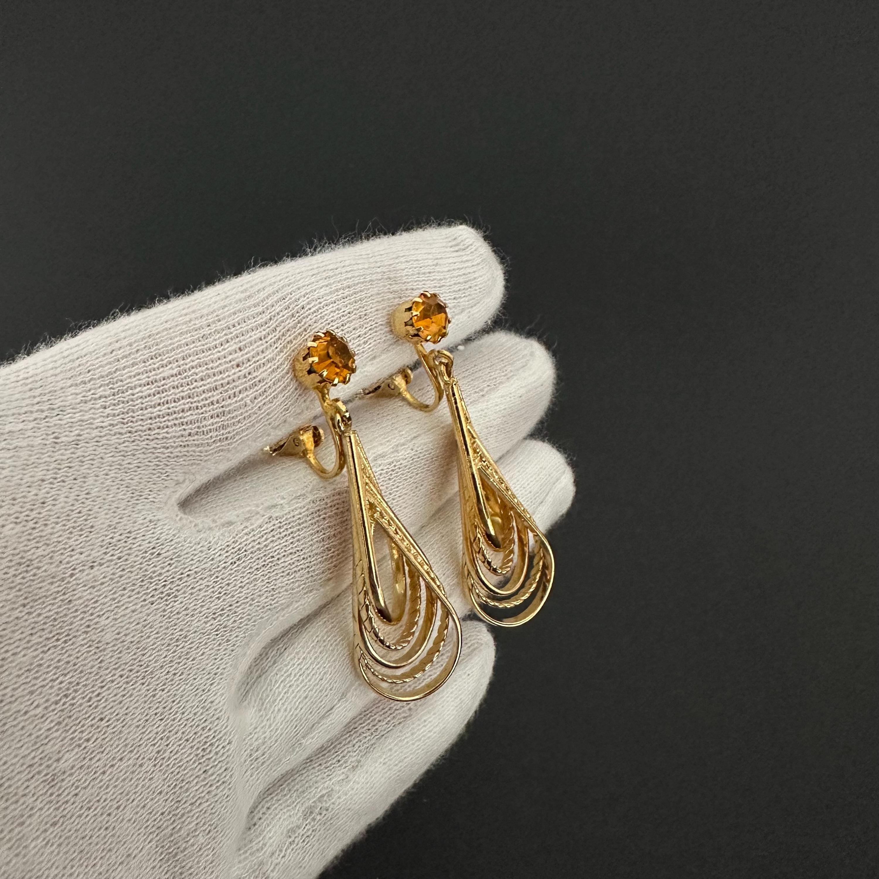 Vintage Gold Tone Clip-On Earrings: Amber Rhinestone Teardrop Dangle