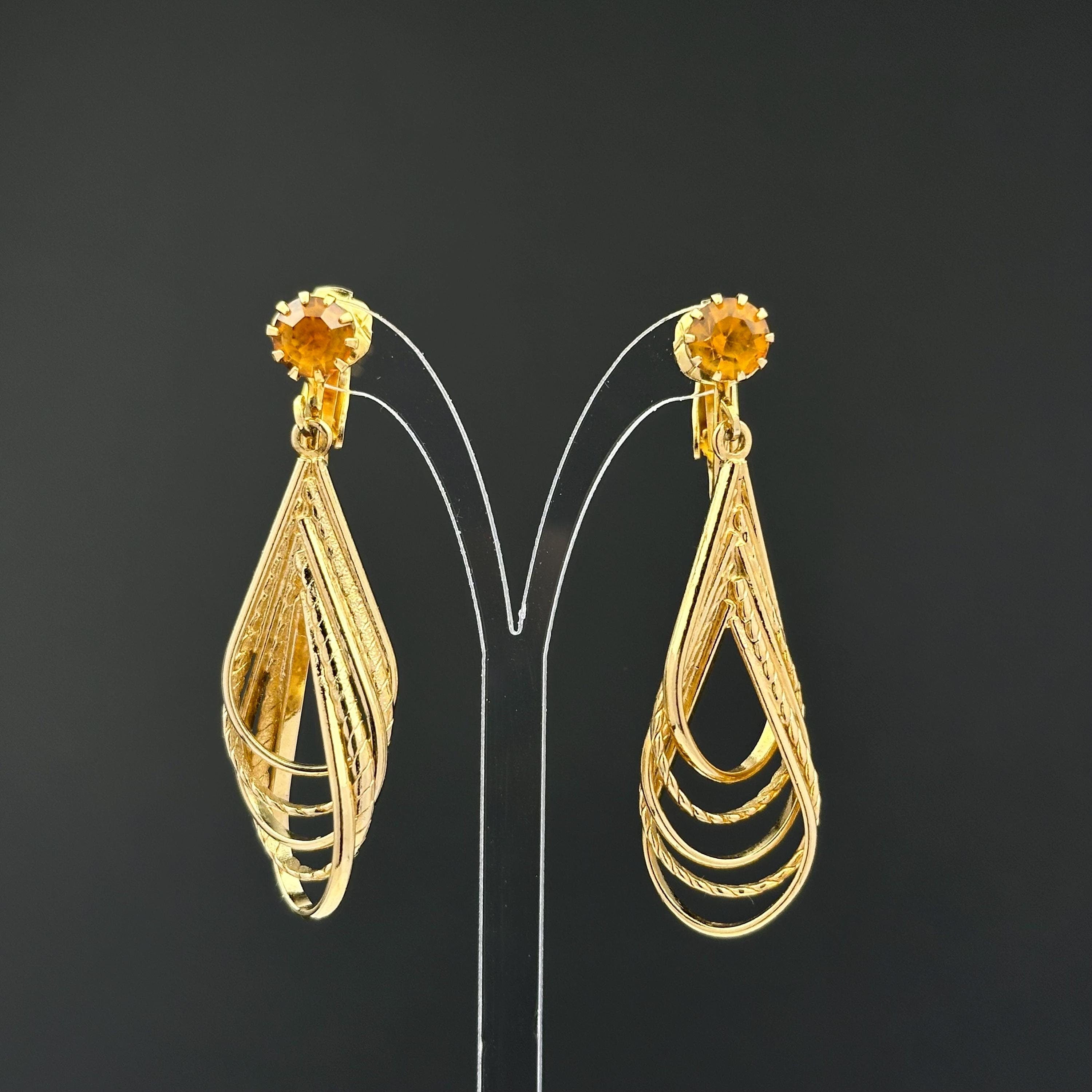 Vintage Gold Tone Clip-On Earrings: Amber Rhinestone Teardrop Dangle