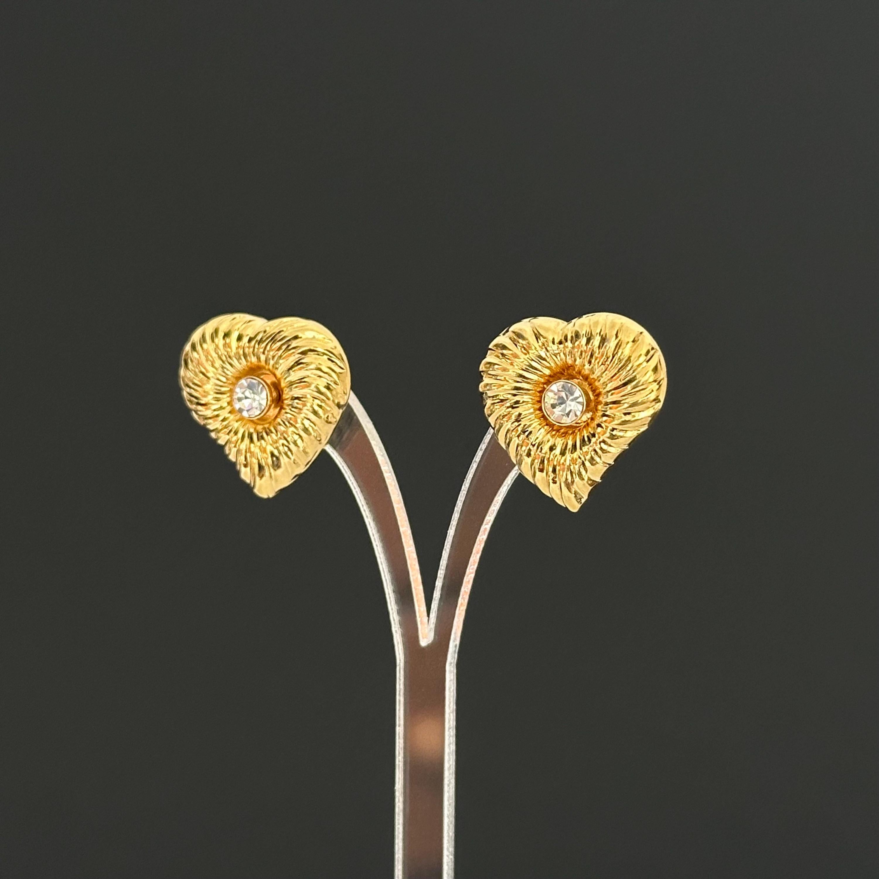 Vintage gold-tone heart earrings with rhinestone studs, 2-in-1 Design