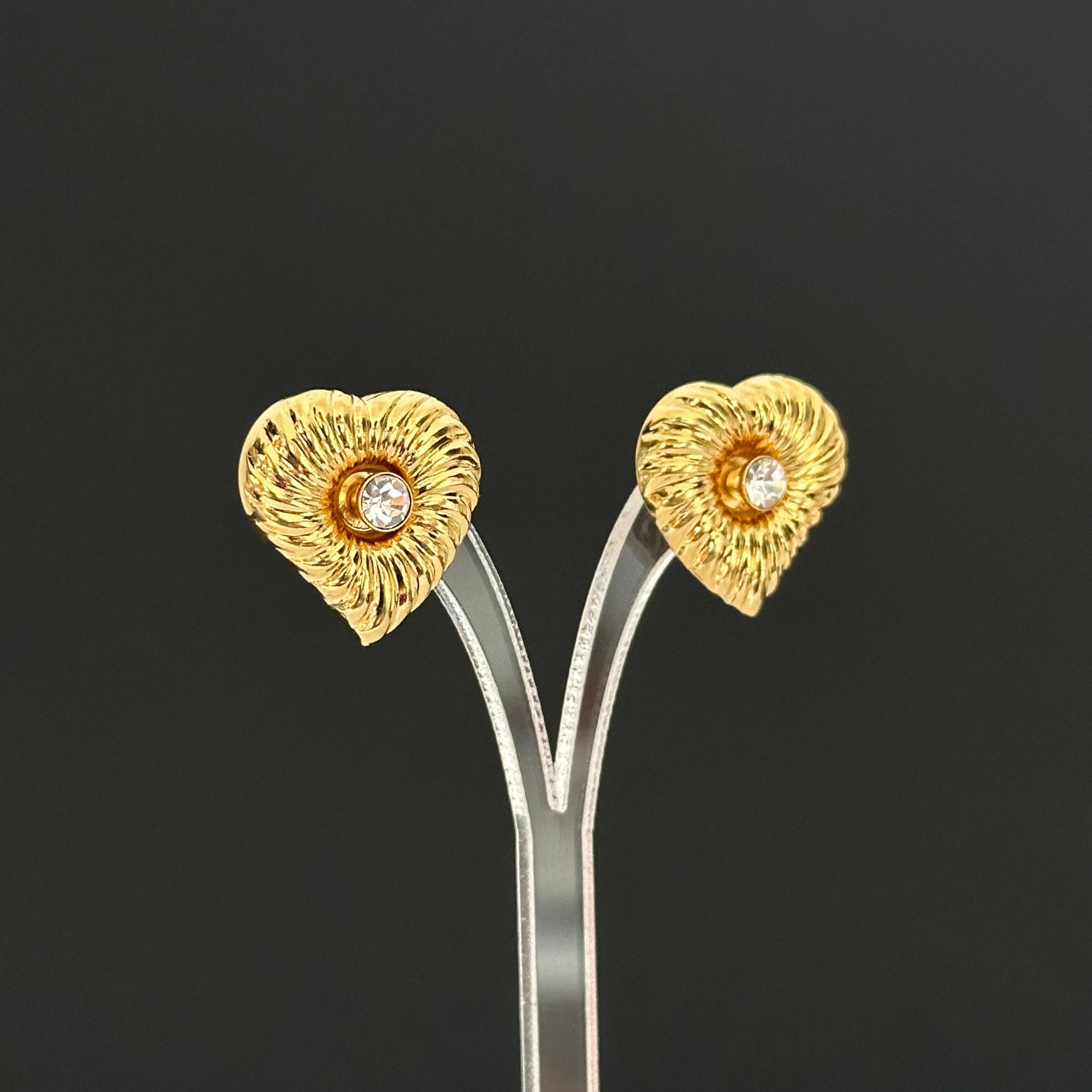 Vintage gold-tone heart earrings with rhinestone studs, 2-in-1 Design
