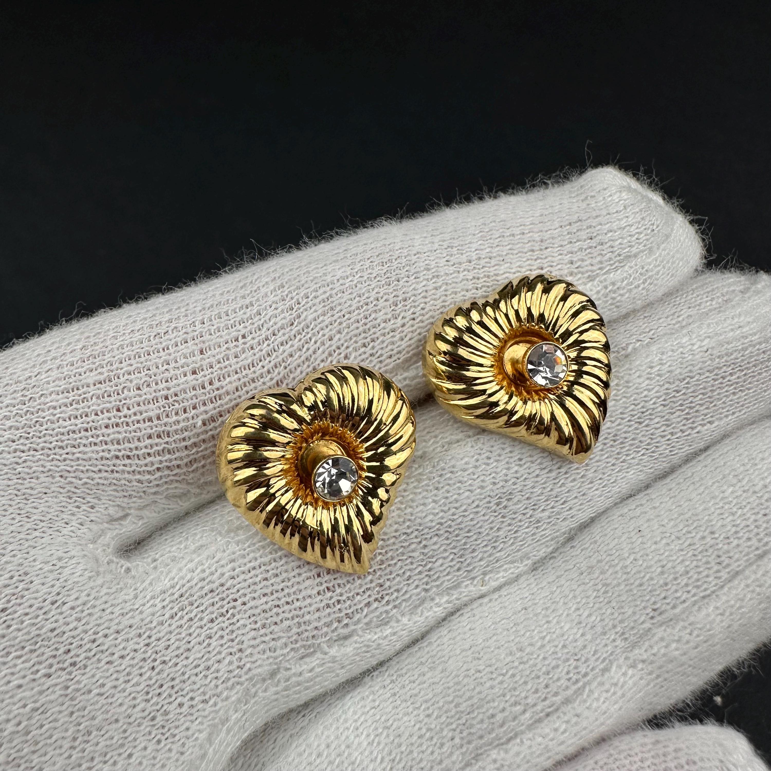 Vintage gold-tone heart earrings with rhinestone studs, 2-in-1 Design