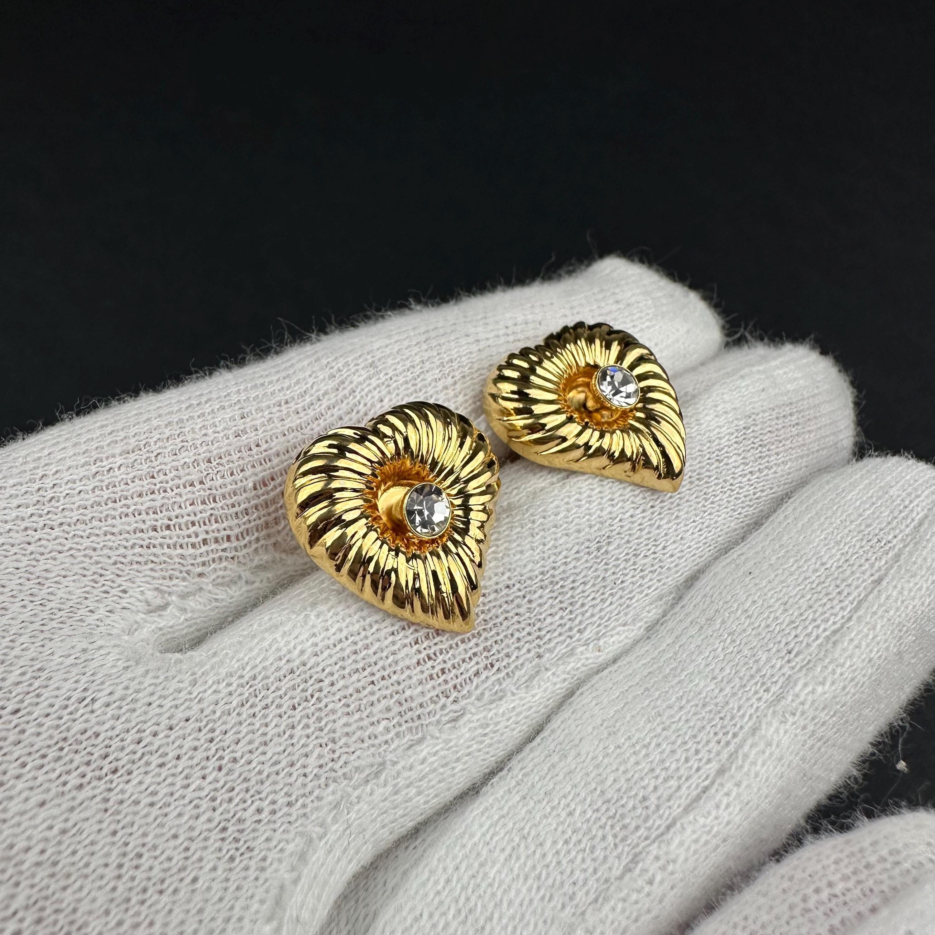 Vintage gold-tone heart earrings with rhinestone studs, 2-in-1 Design